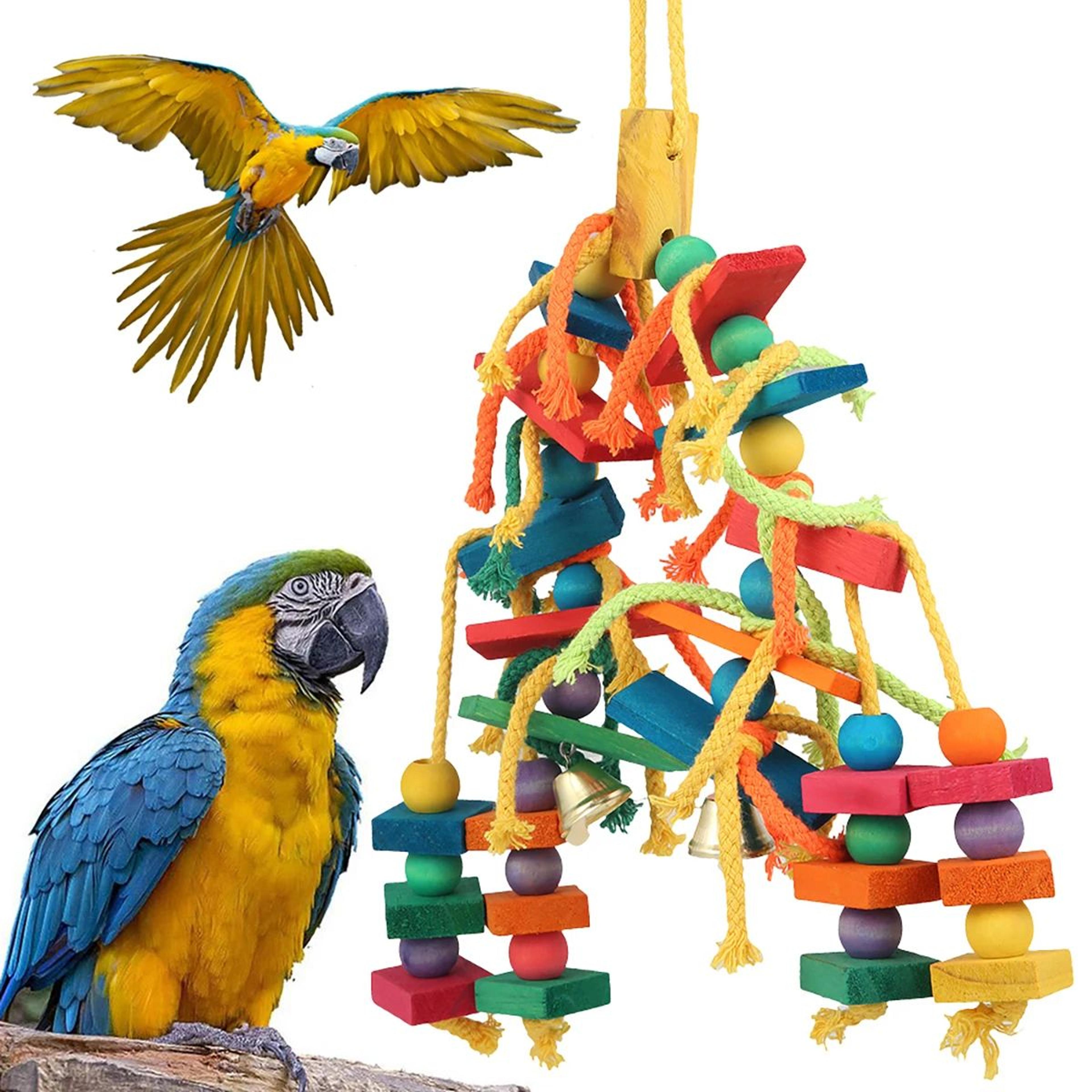 safe hanging parrot chew toy with hook, colorful wooden blocks and rope