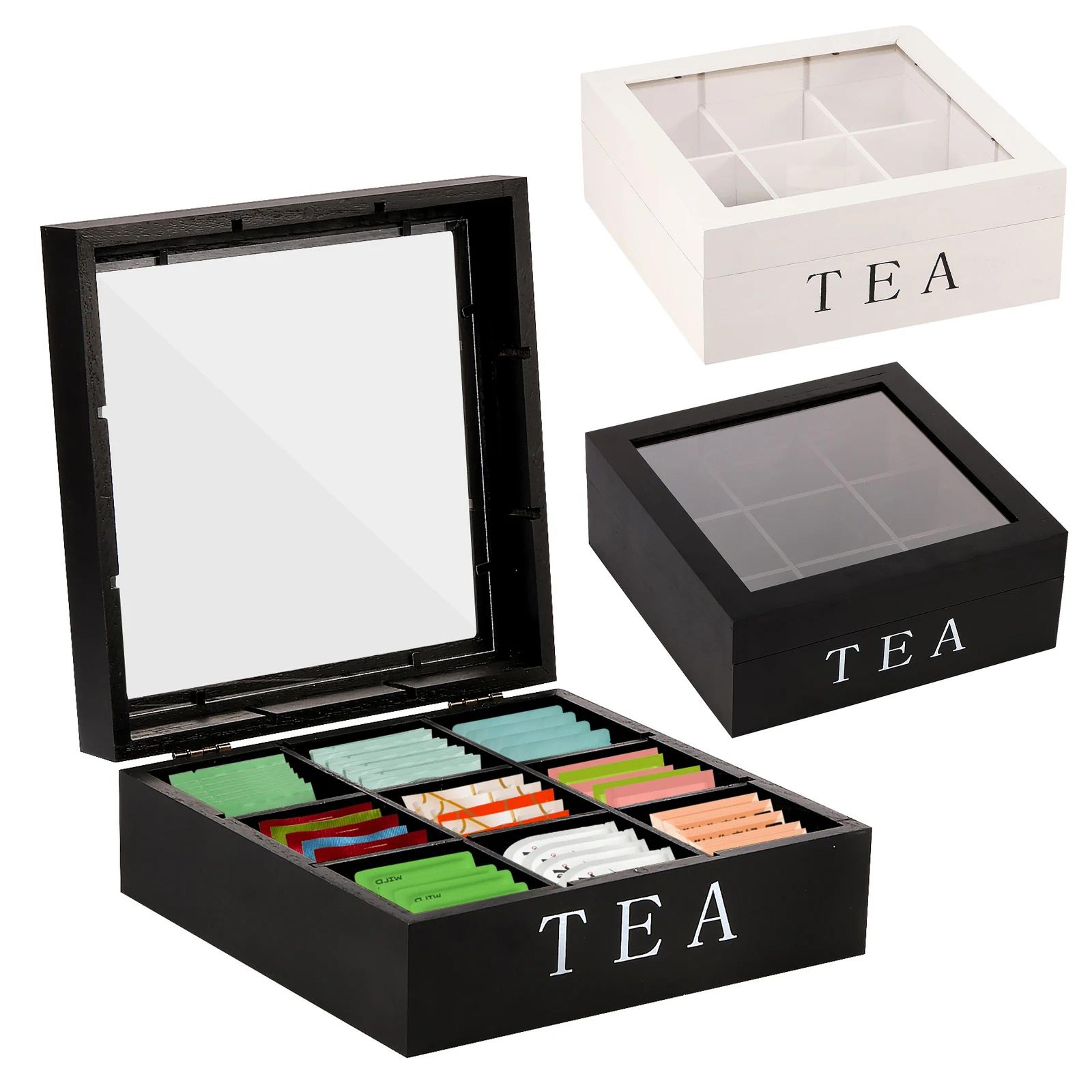 wooden tea box with clear lid - tea bag organizer and tea storage box, 9-section desktop caddy
