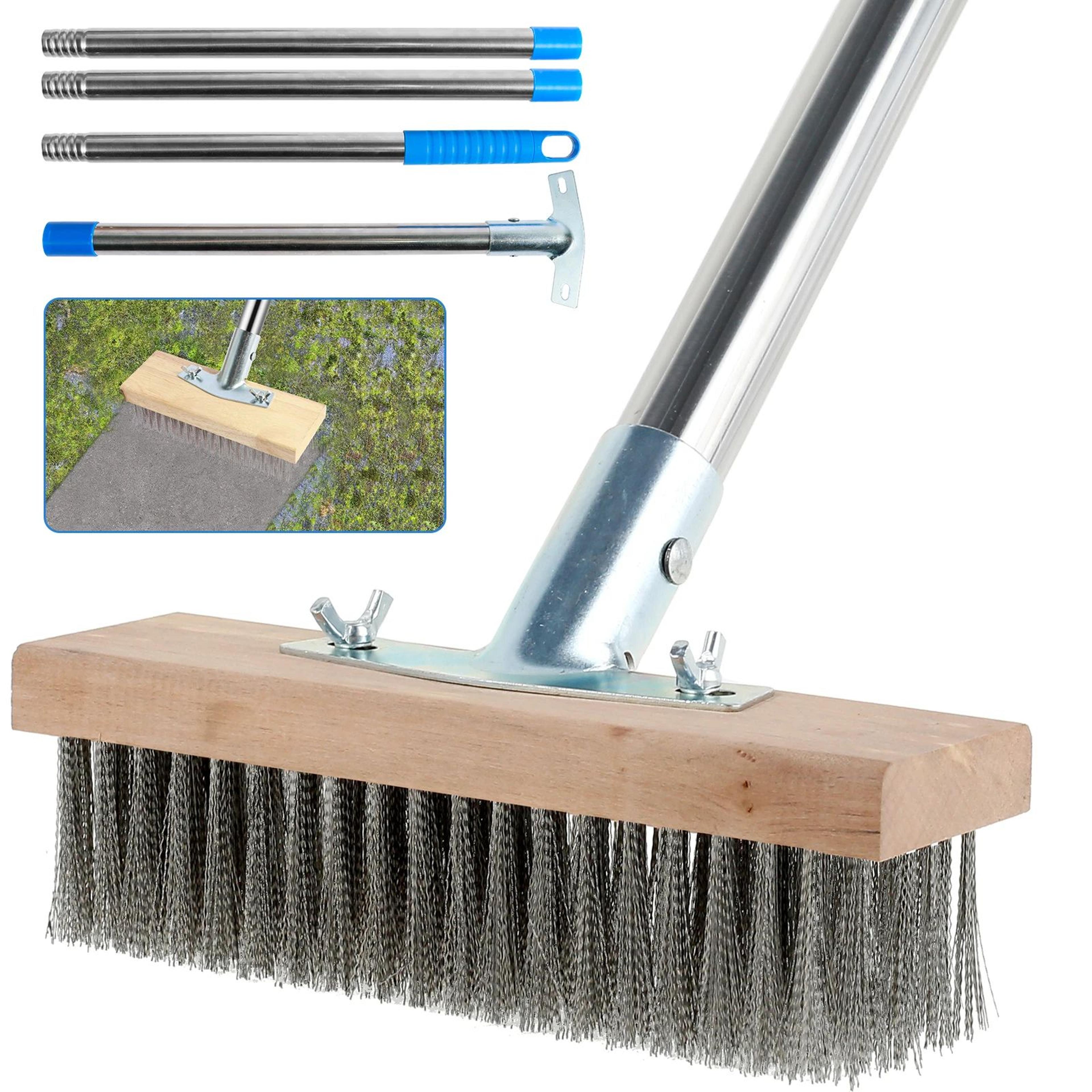 stainless steel wire floor brush with long handle – heavy duty deck & garage scrub brush for moss and stains