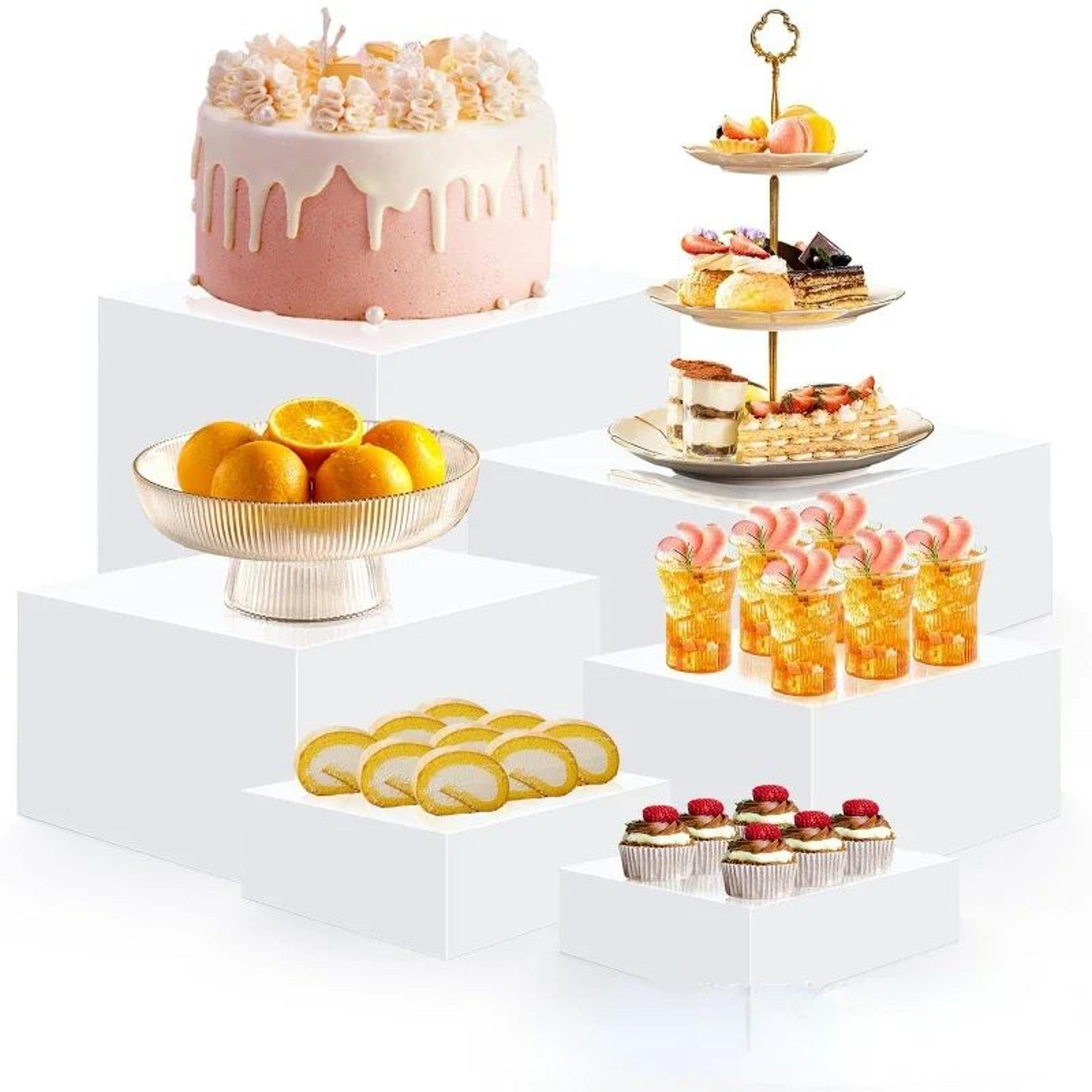 6-piece stackable acrylic buffet risers set for dessert & cake displays (white)