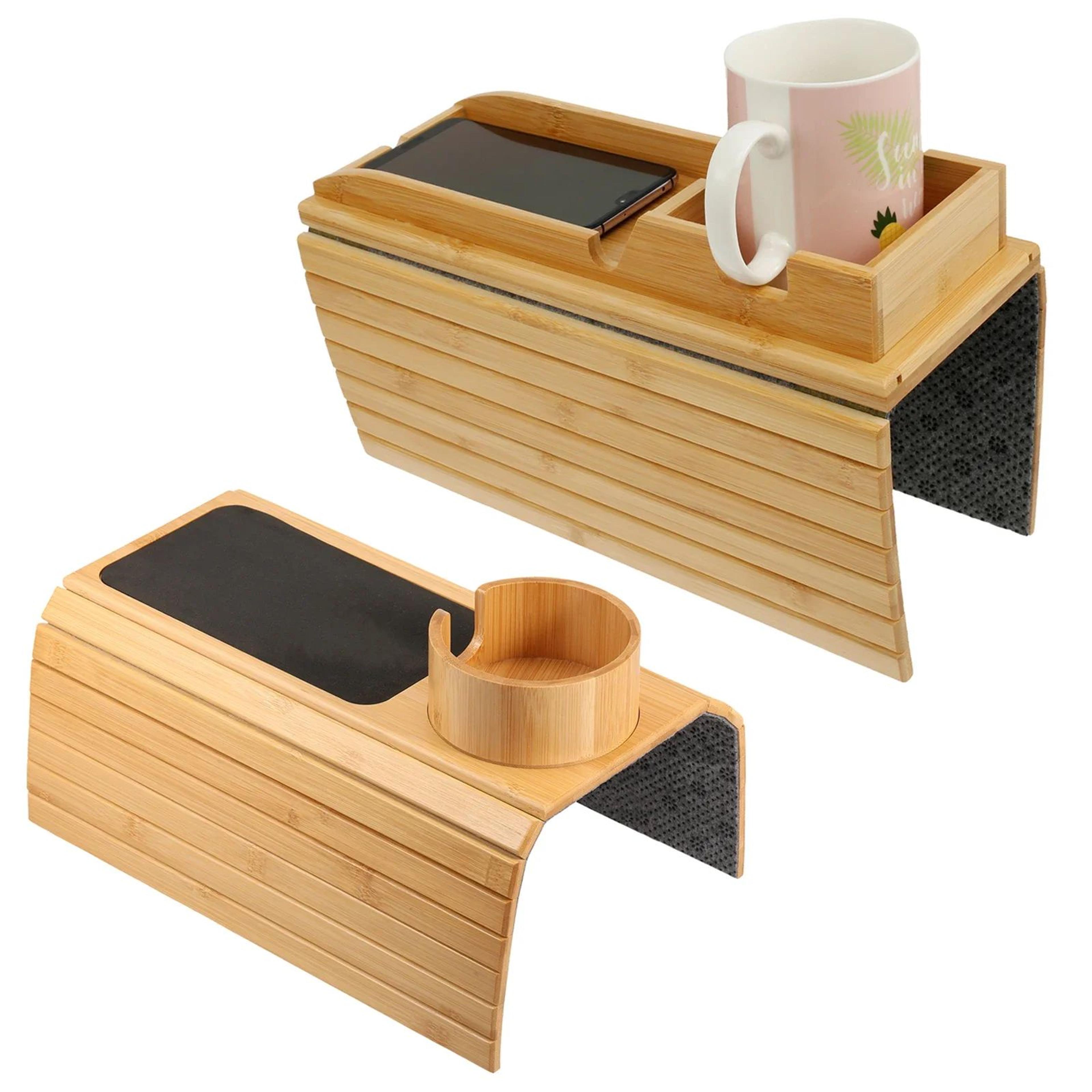 premium 3-in-1 bamboo sofa armrest tray & couch cup holder tray – foldable multifunctional armrest caddy for drinks, rem