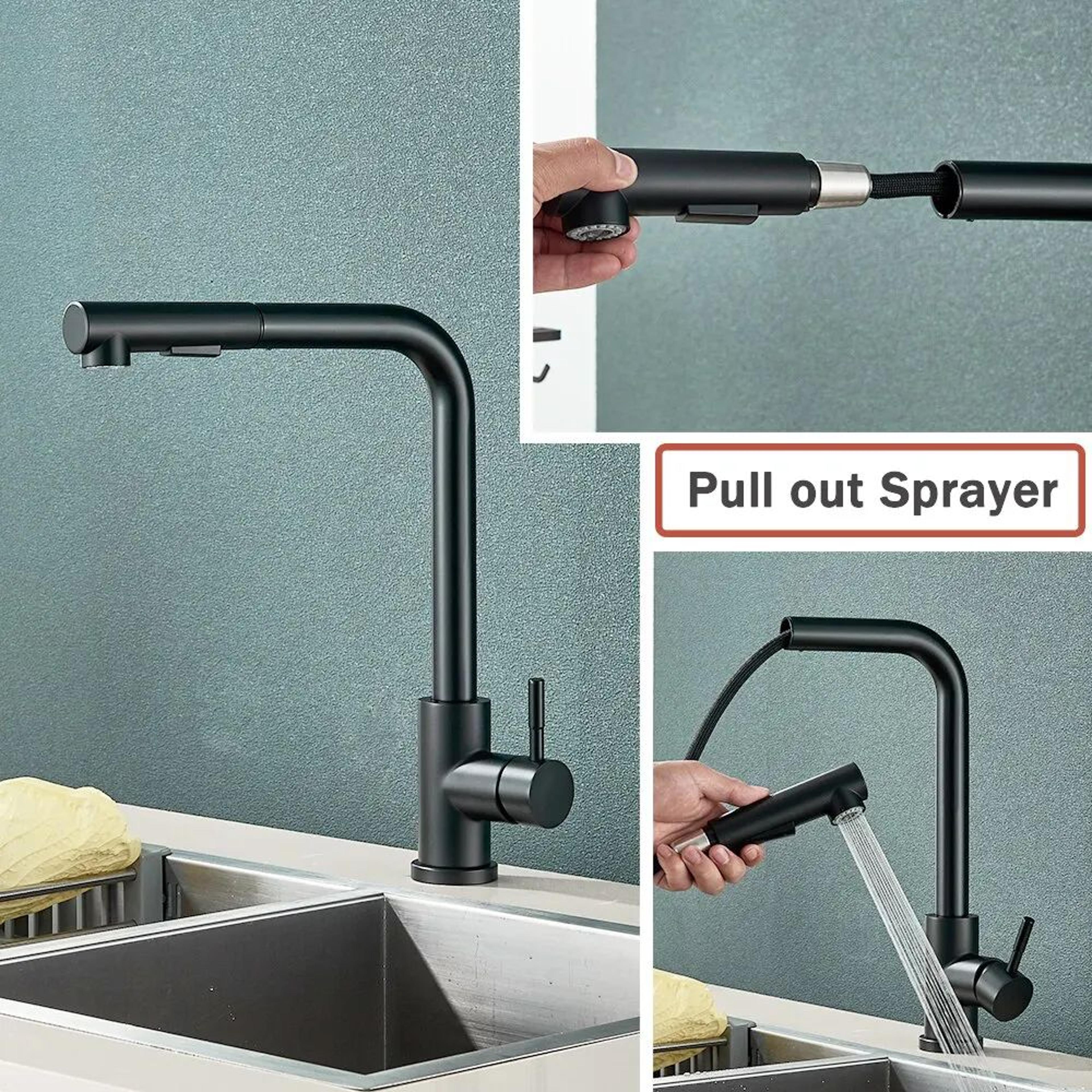 matte black pull-out kitchen faucet with dual-mode sprayer, 360° swivel, hot/cold single handle
