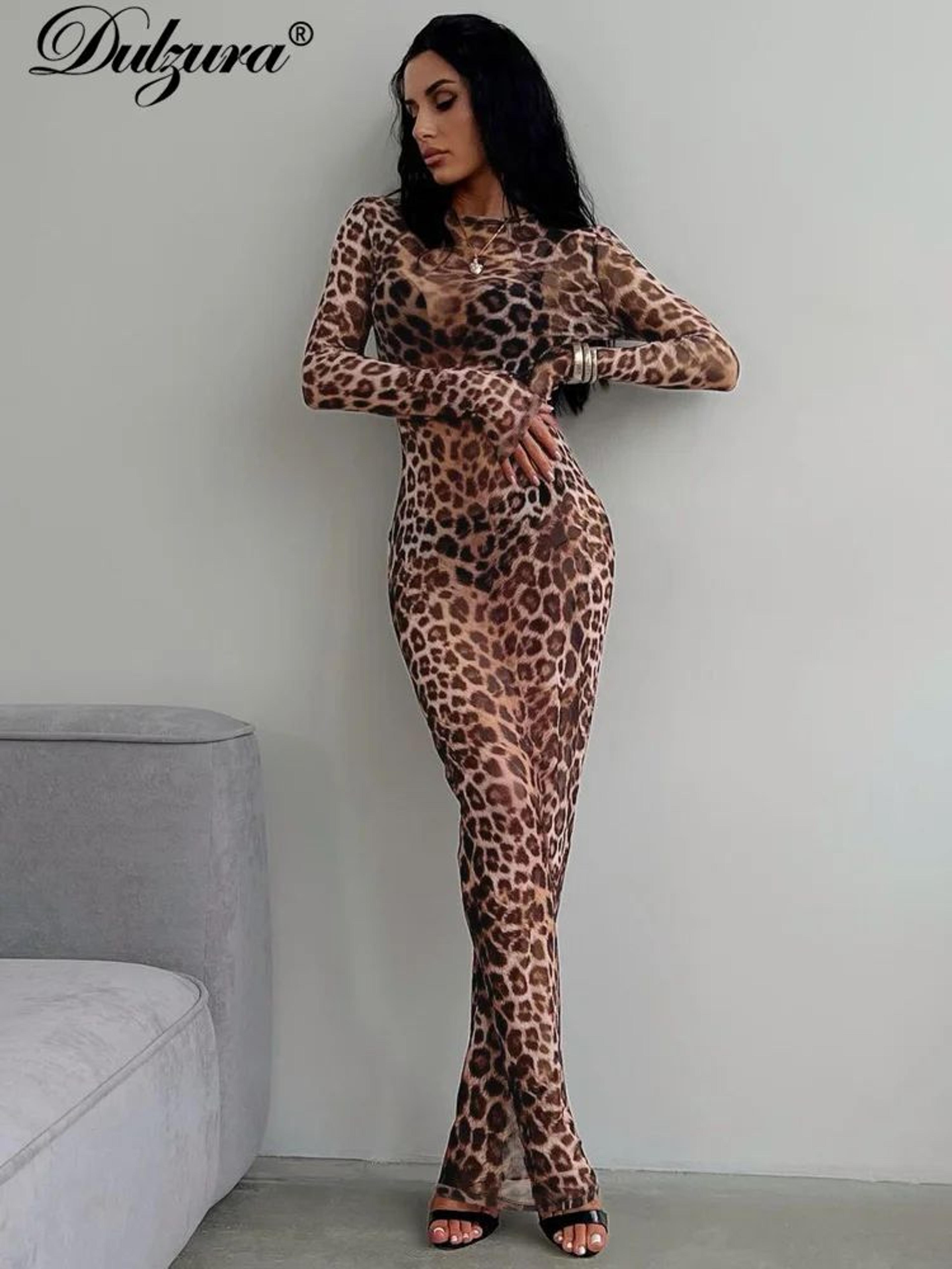 leopard print long sleeve maxi dress – elegant y2k bodycon party dress for women