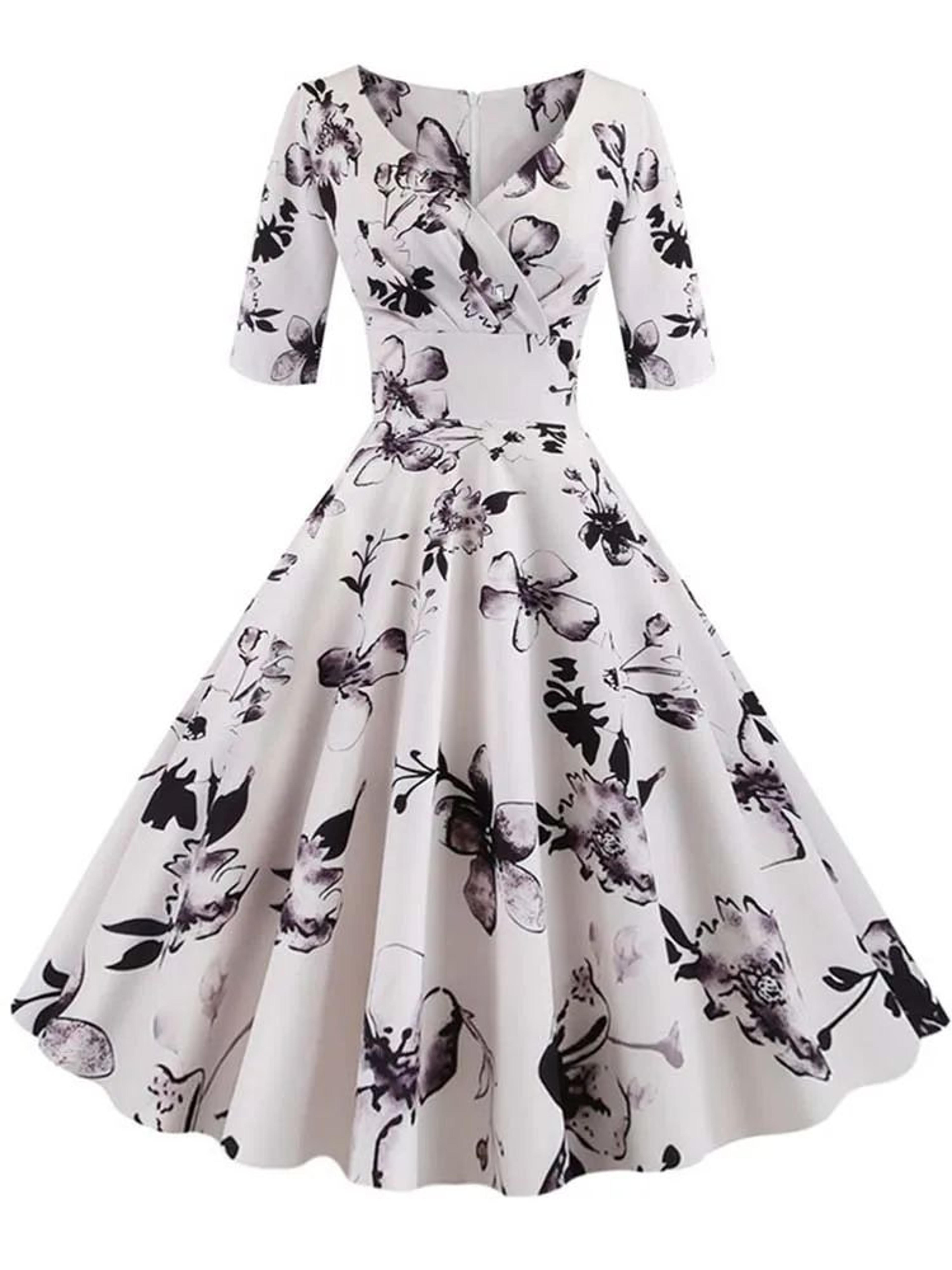 vintage floral a-line summer dress – half sleeve black retro party dress for women