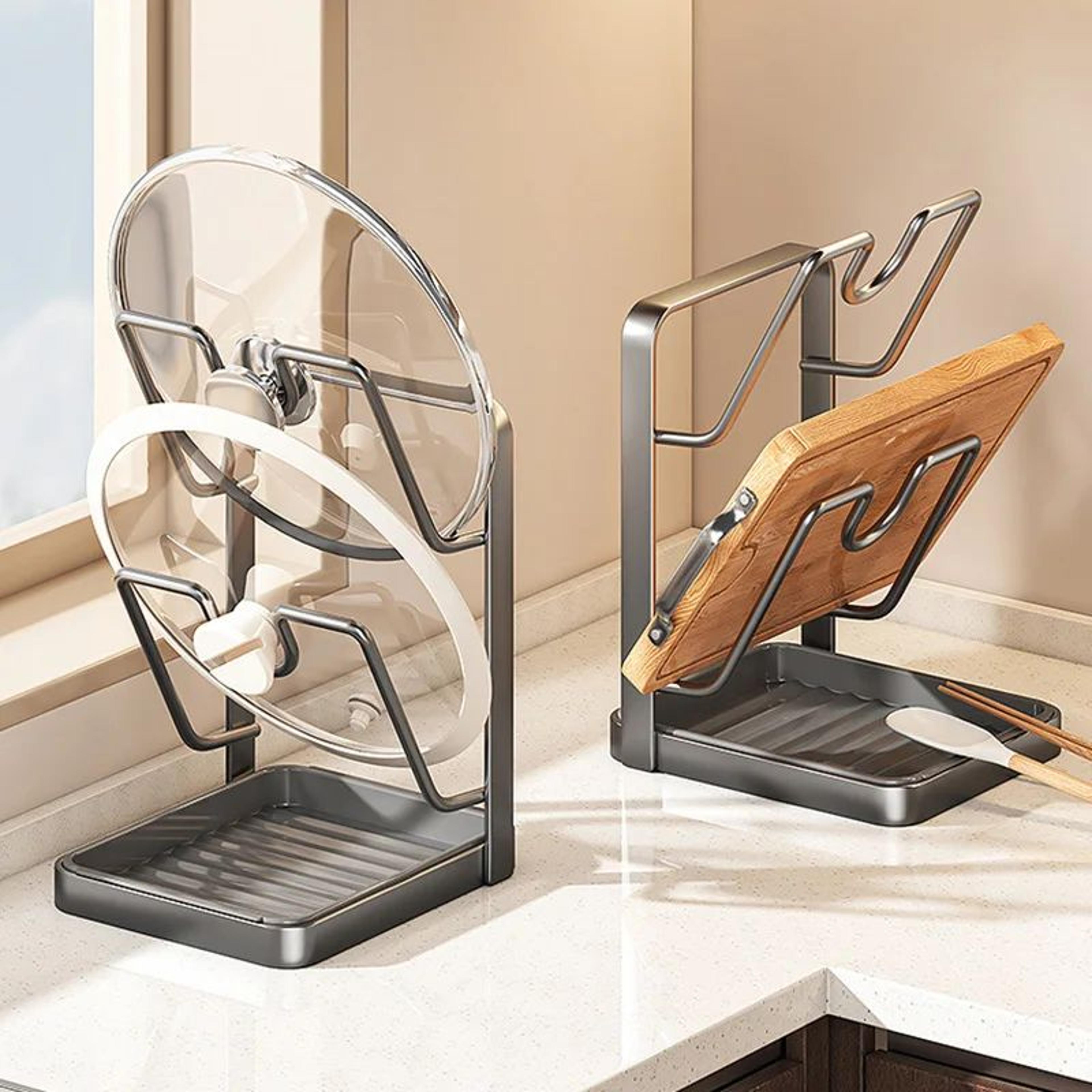 3-tier metal pot lid organizer with drainage tray, no-drill pot lid rack for countertop or cabinet