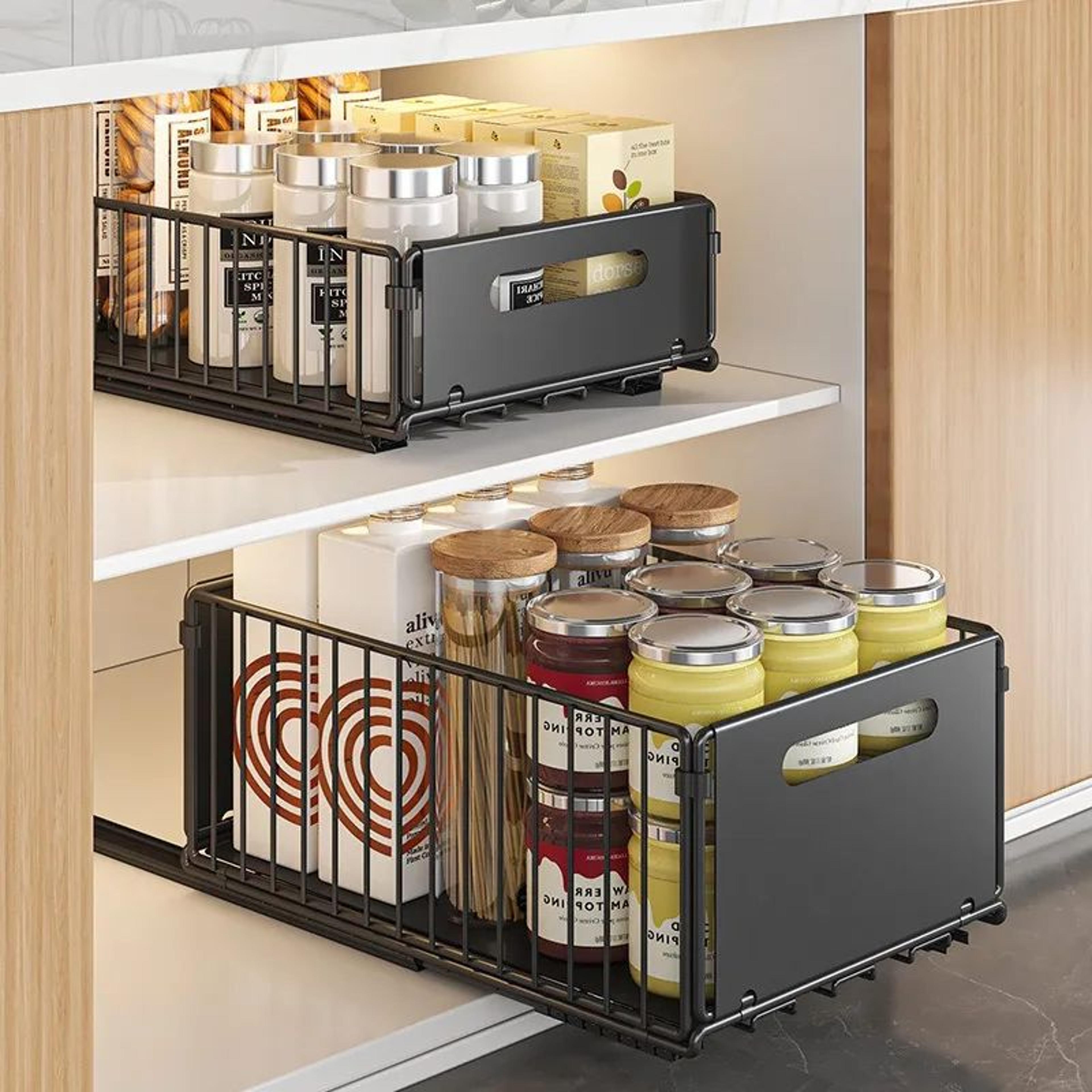 pull-out cabinet organizer basket for kitchen & bathroom, slide-out storage for spices and supplies