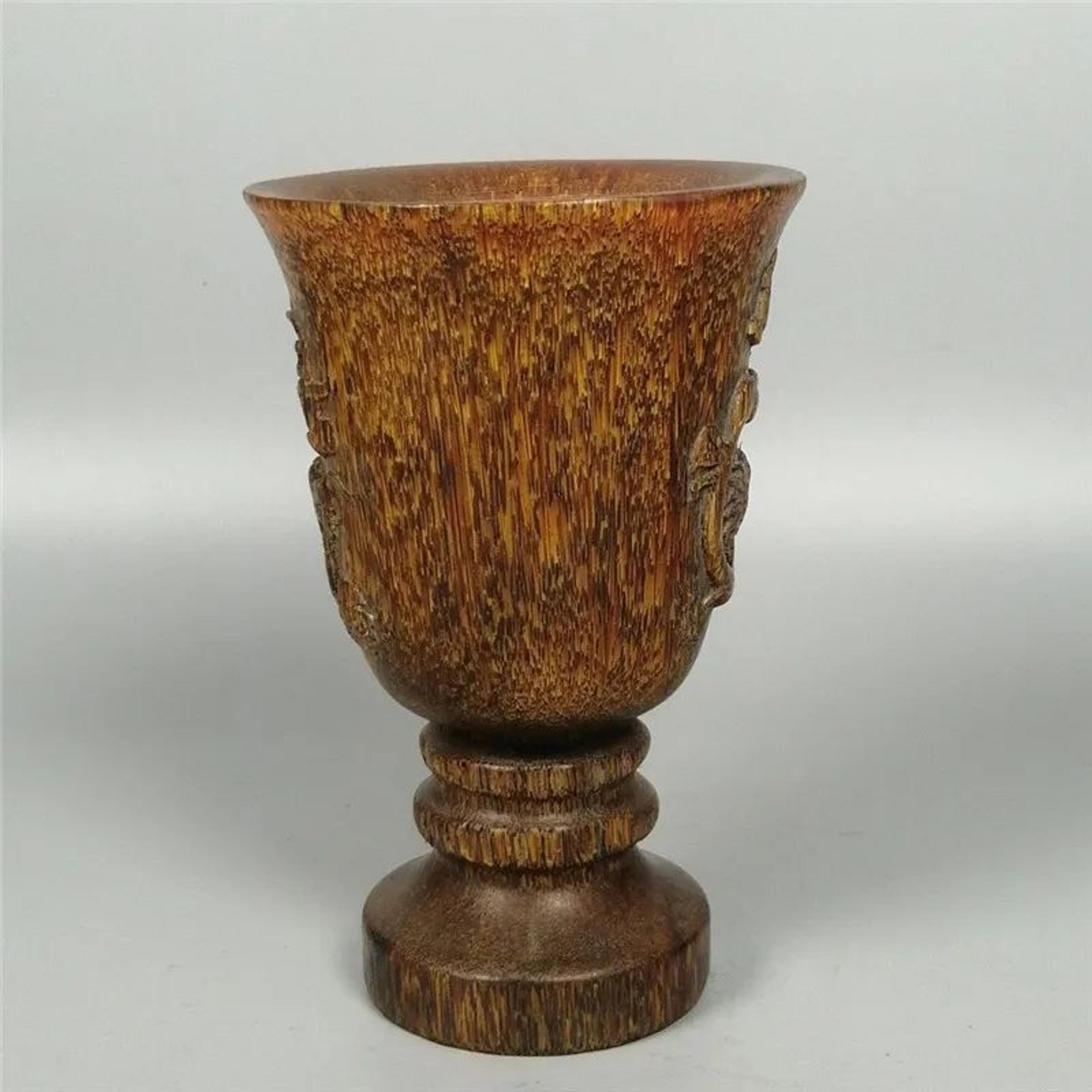 hand-carved natural chinese antique tea cup ornament – traditional wood home decor collectible