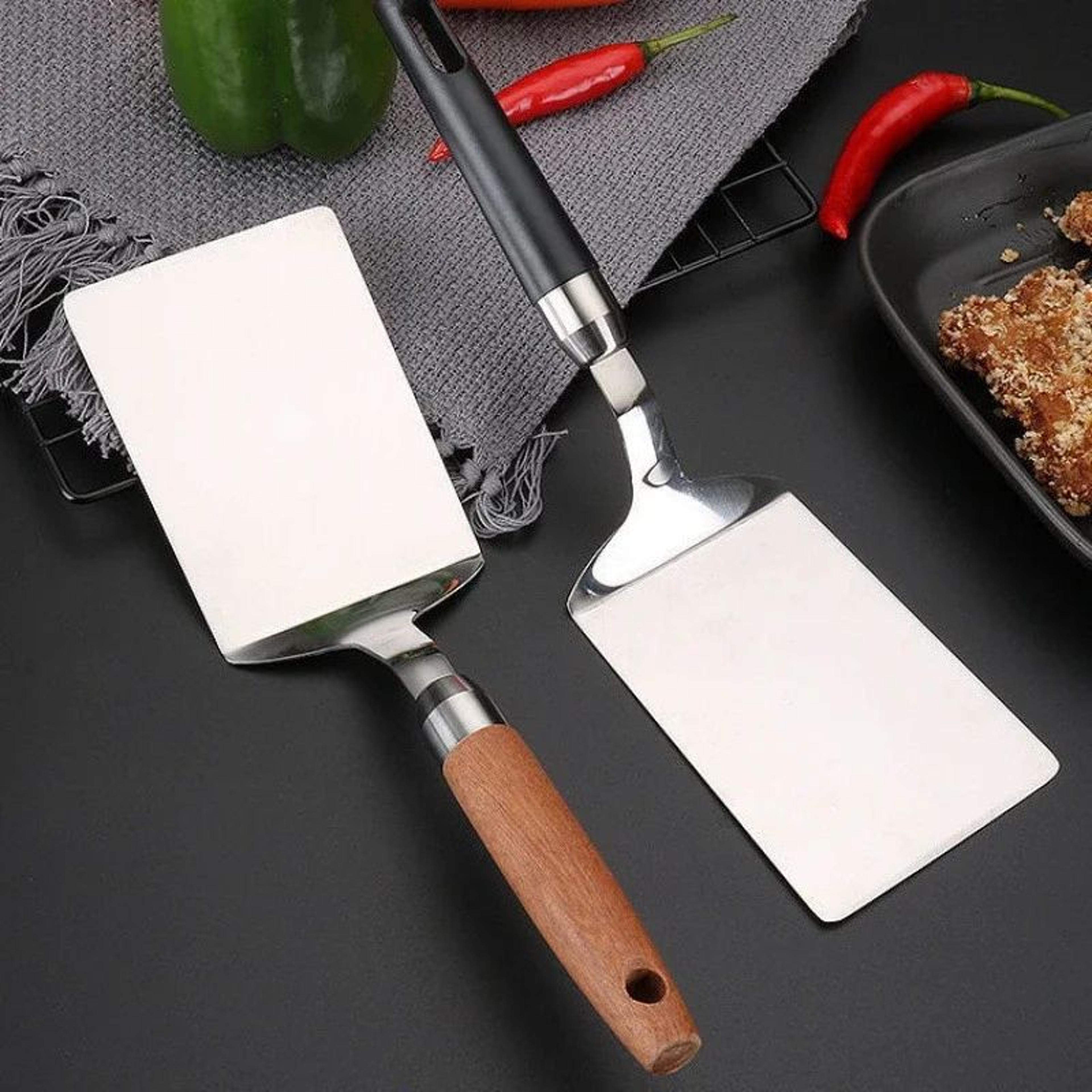heavy-duty stainless steel spatula with wood handle – professional metal turner for grill, steak & pizza