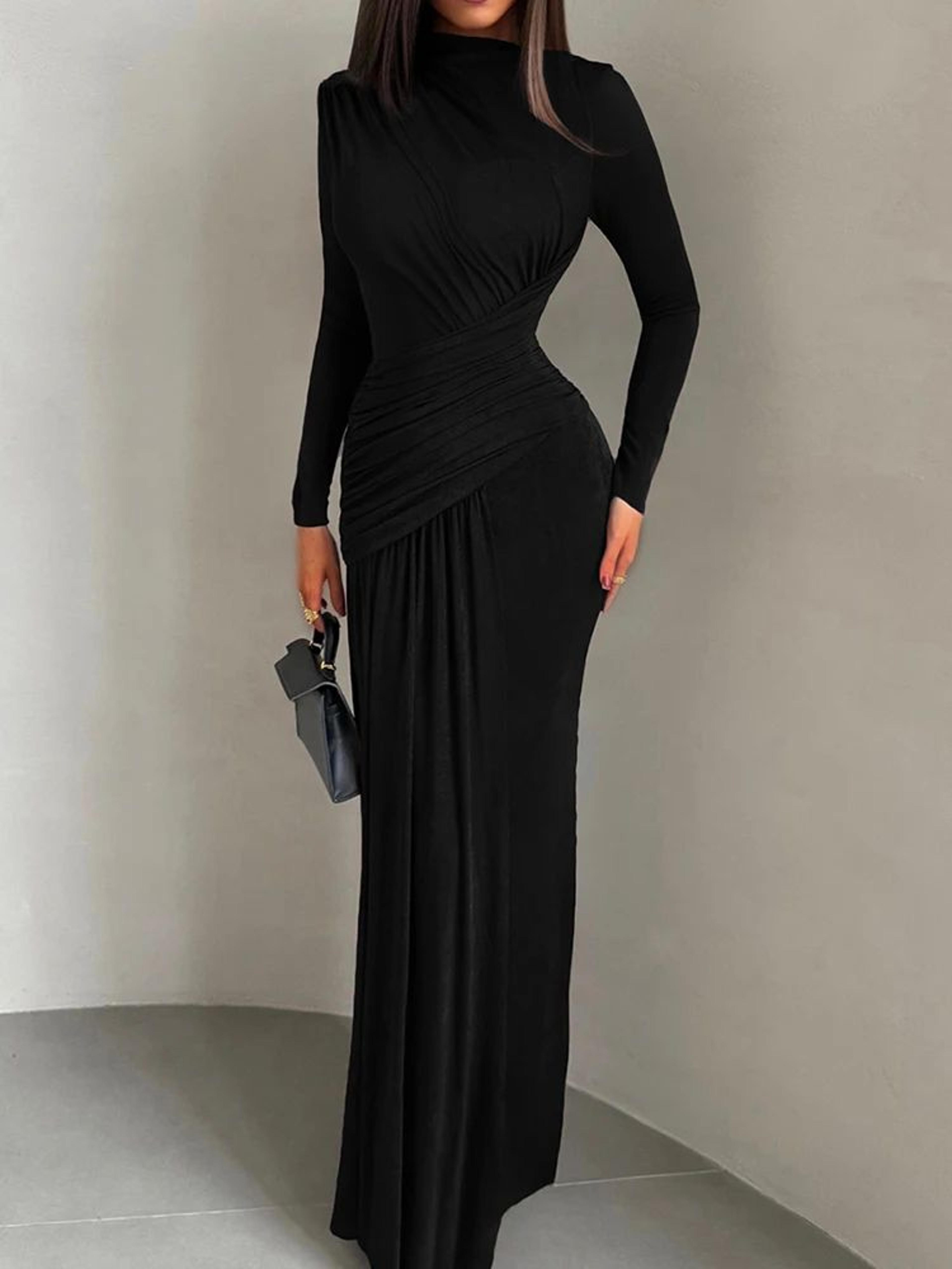 elegant pleated waist maxi dress for women – long sleeve autumn evening & vacation gown