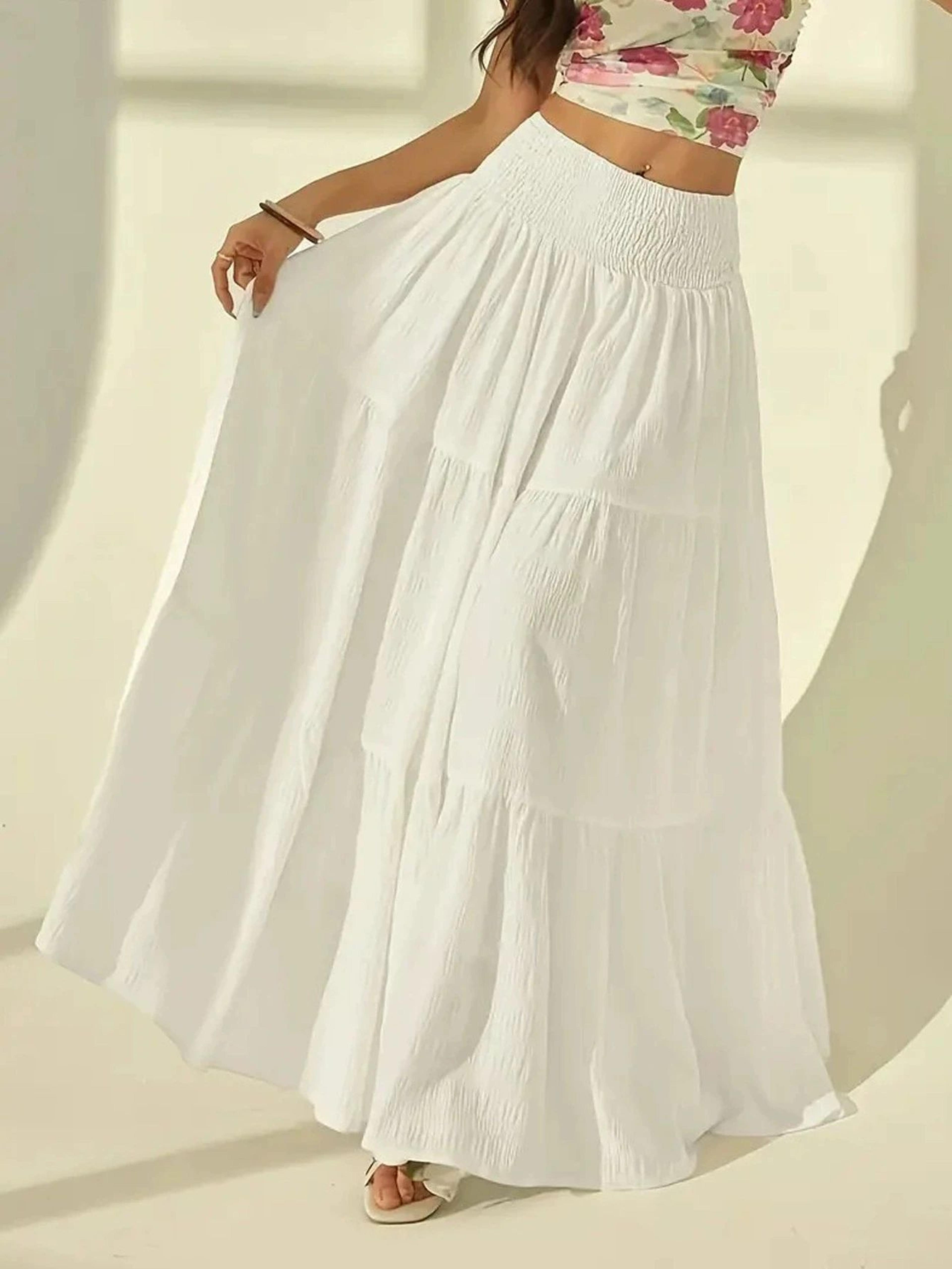 boho chic tiered maxi skirt – high-waisted elastic waist skirt for effortless summer style