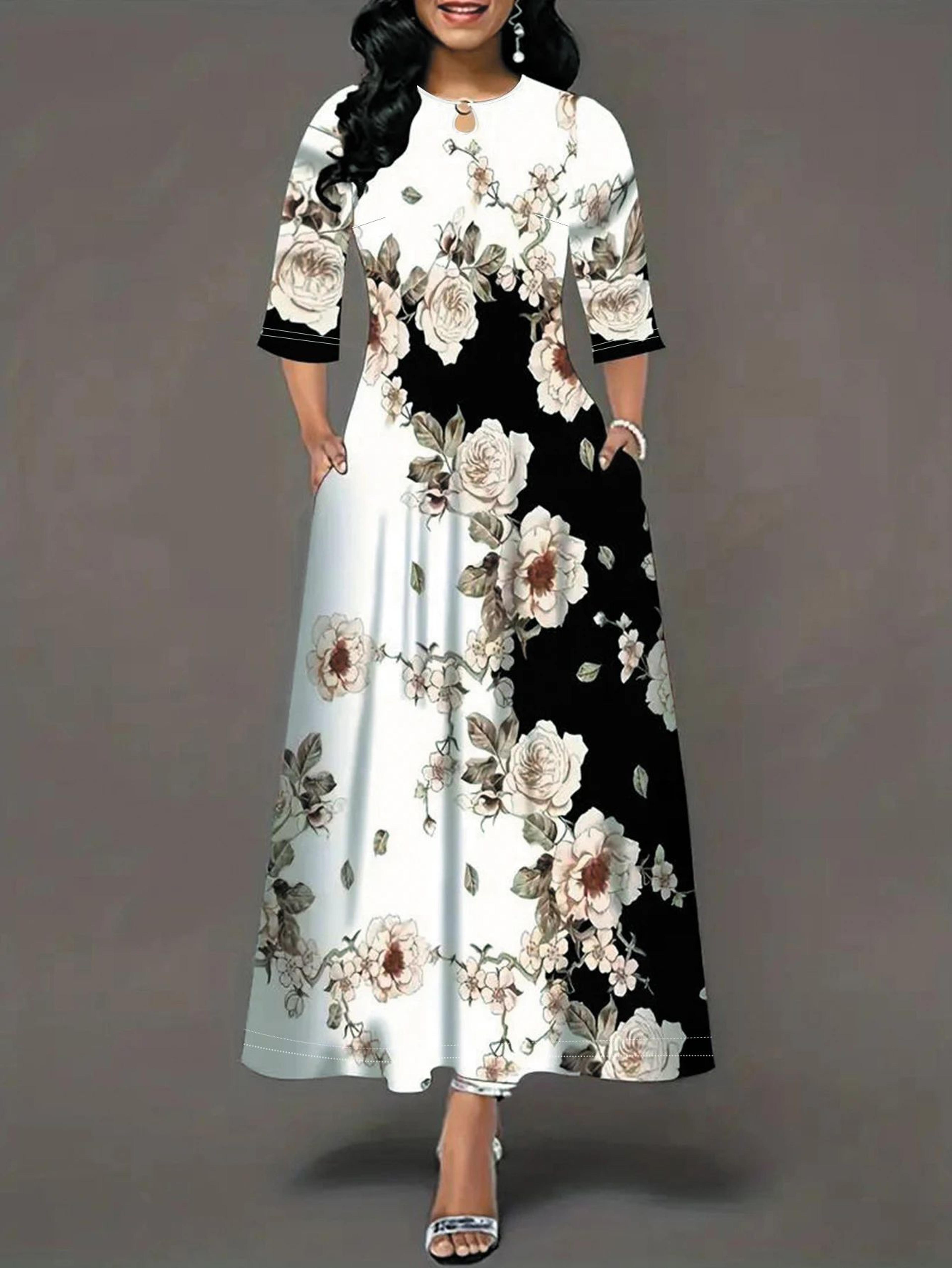 flowease plus size printed maxi dress with pockets