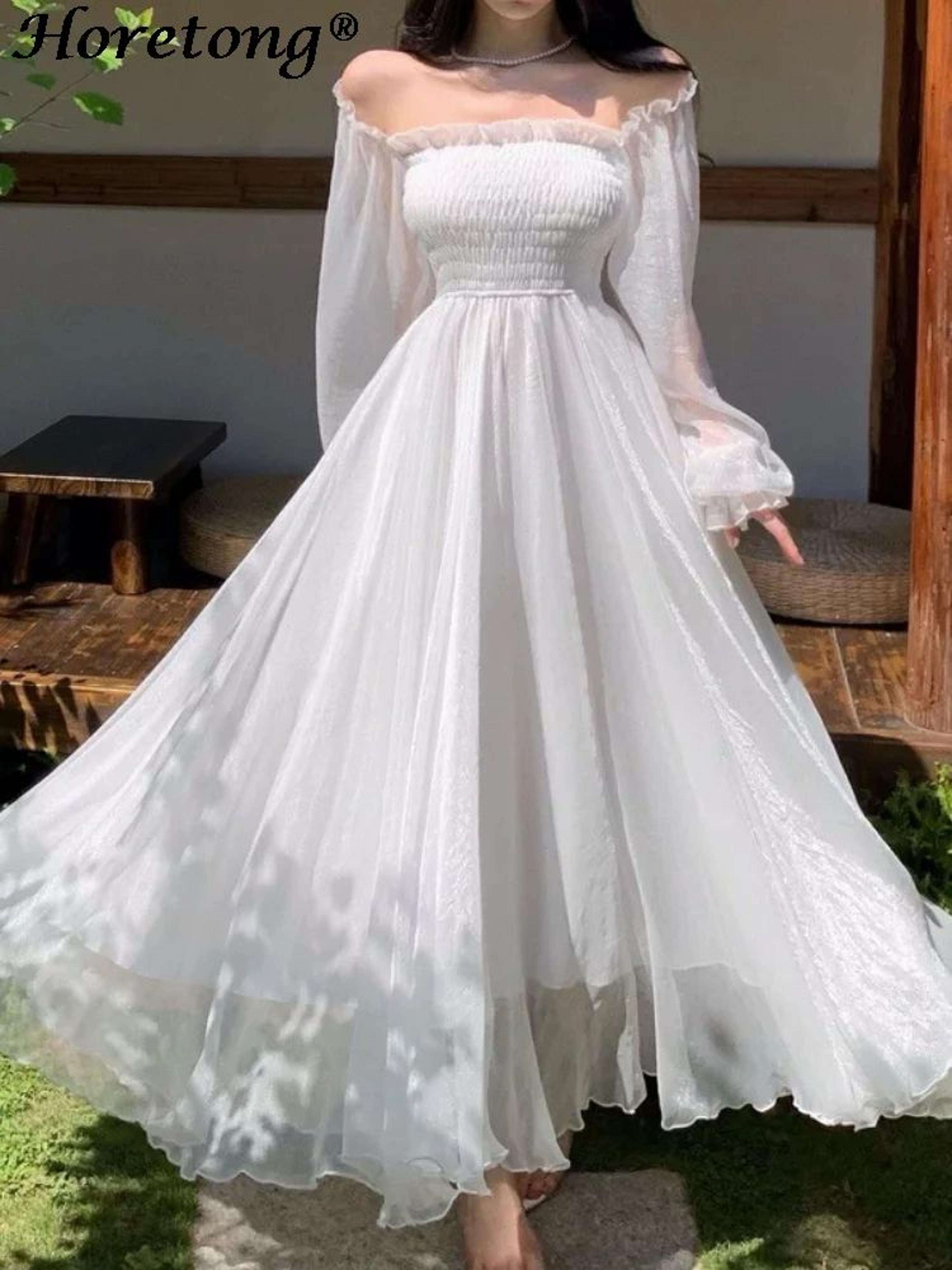 elegant white off-shoulder maxi party gown – flowy ruffle holiday dress