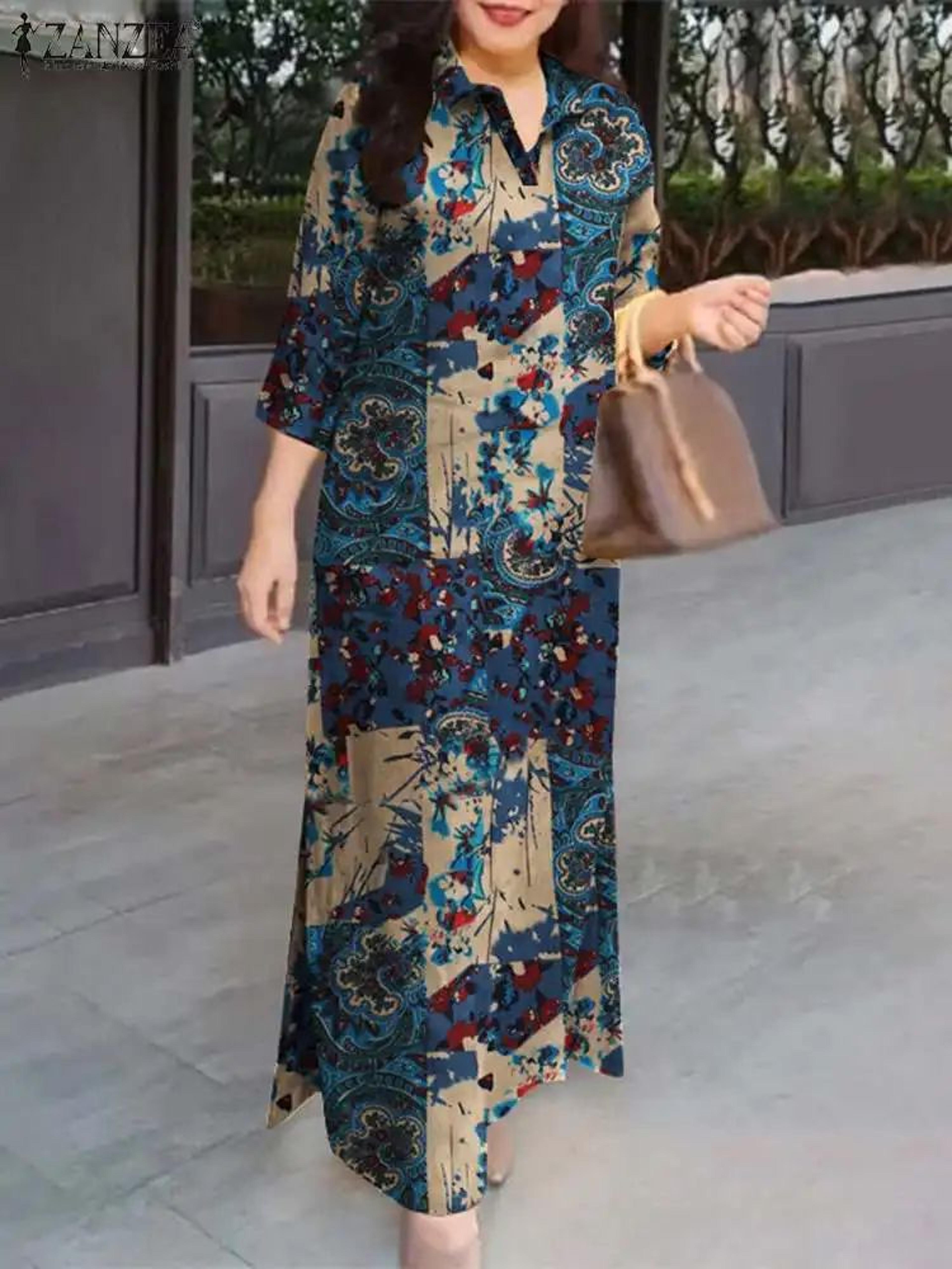 zanzea vintage floral cotton maxi shirt dress – oversized autumn lapel sundress