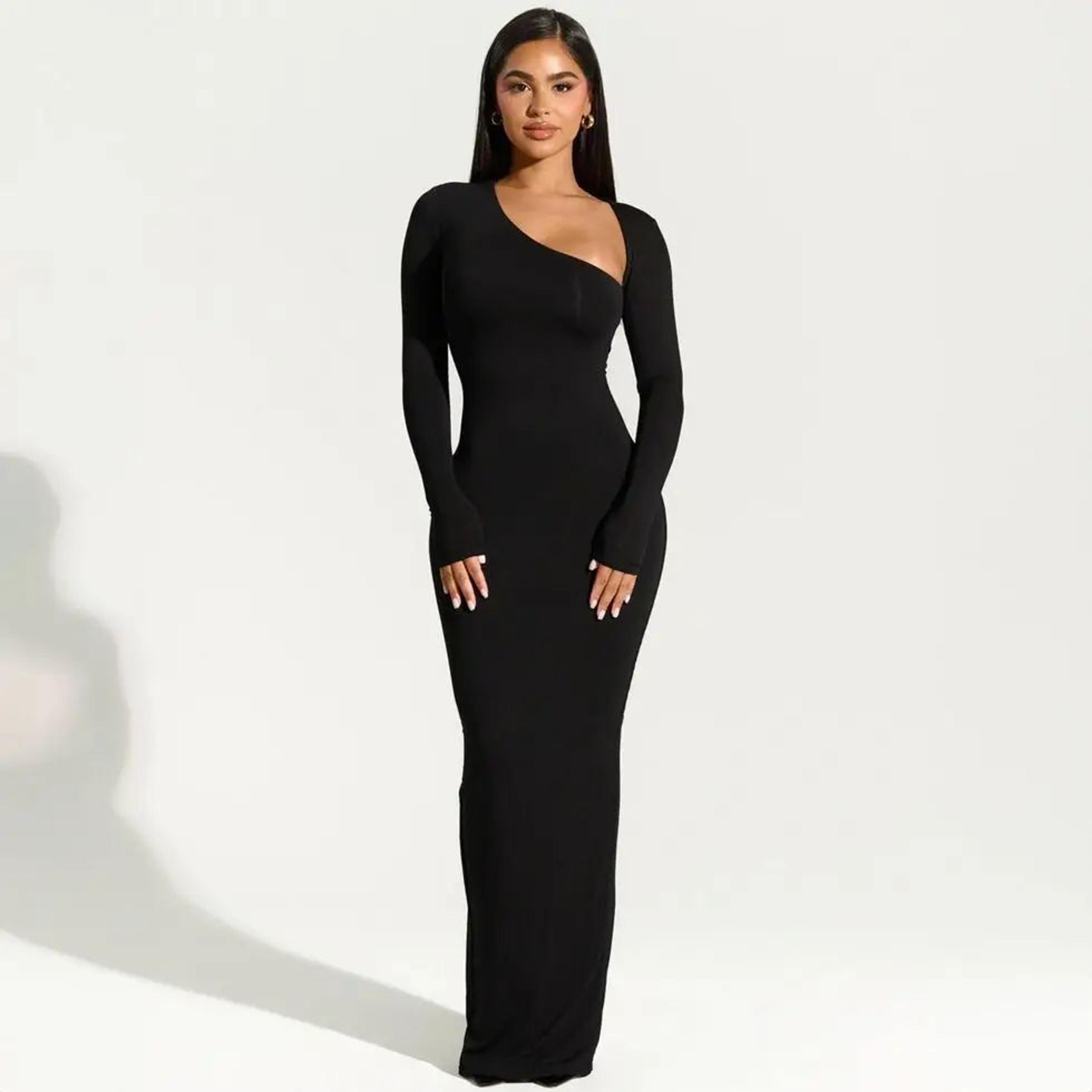 autumn elegance one shoulder maxi dress – slim fit long sleeve party gown with side slit