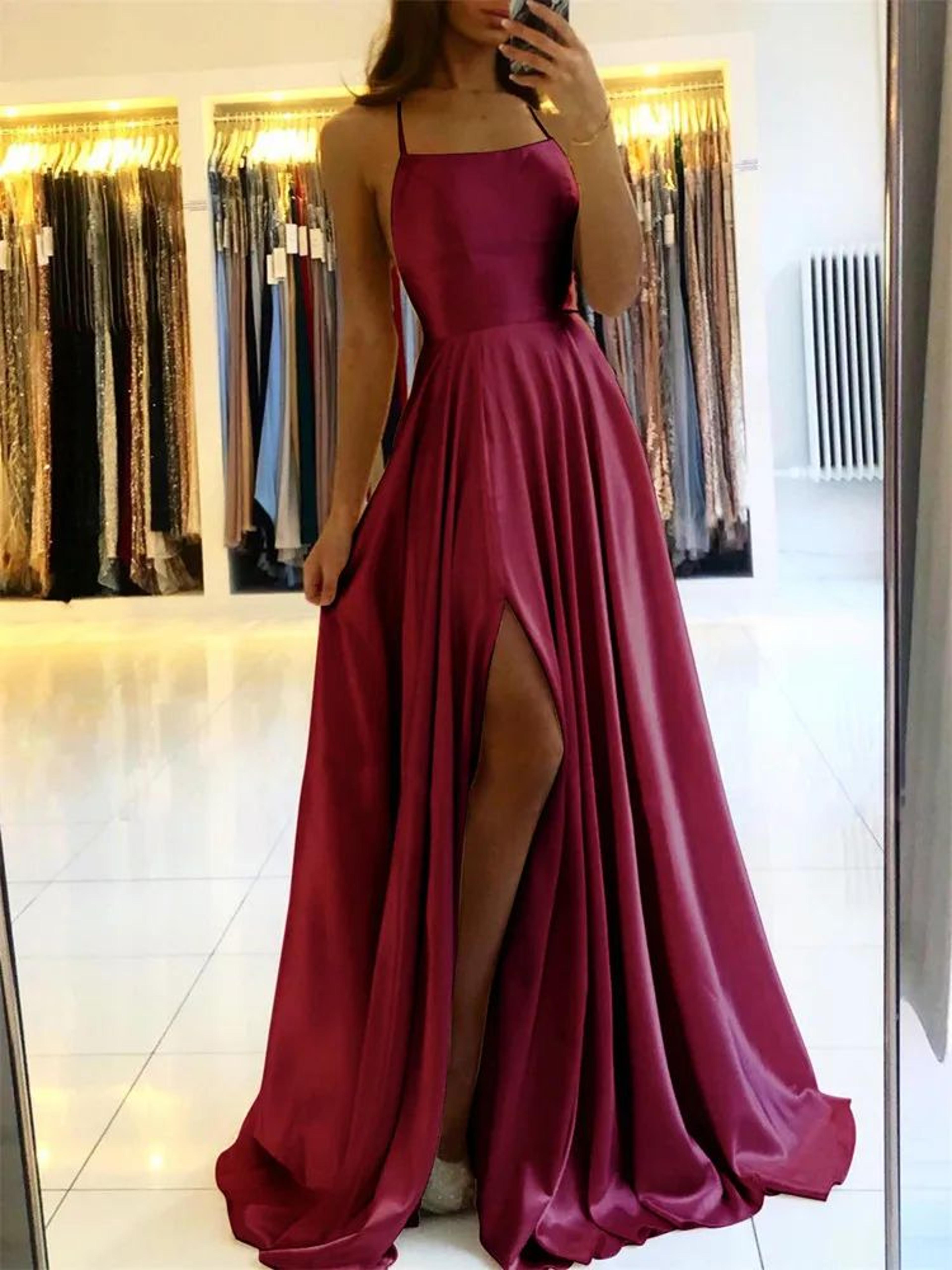 burgundy satin elegance maxi dress – sexy side slit adjustable strap evening & burgundy satin maxi dress gown