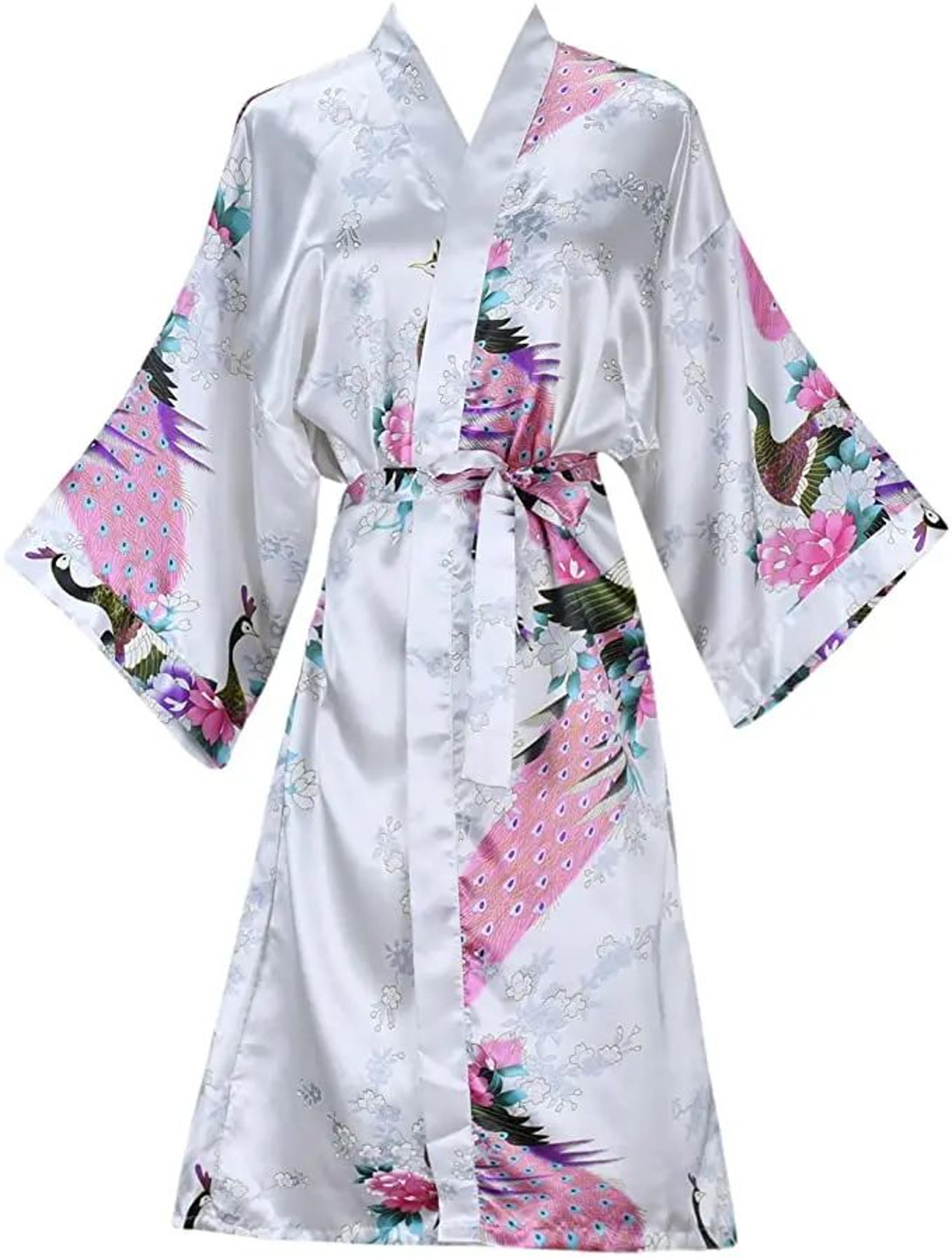 floral satin bridesmaid robe – short kimono wedding getting-ready robe for women