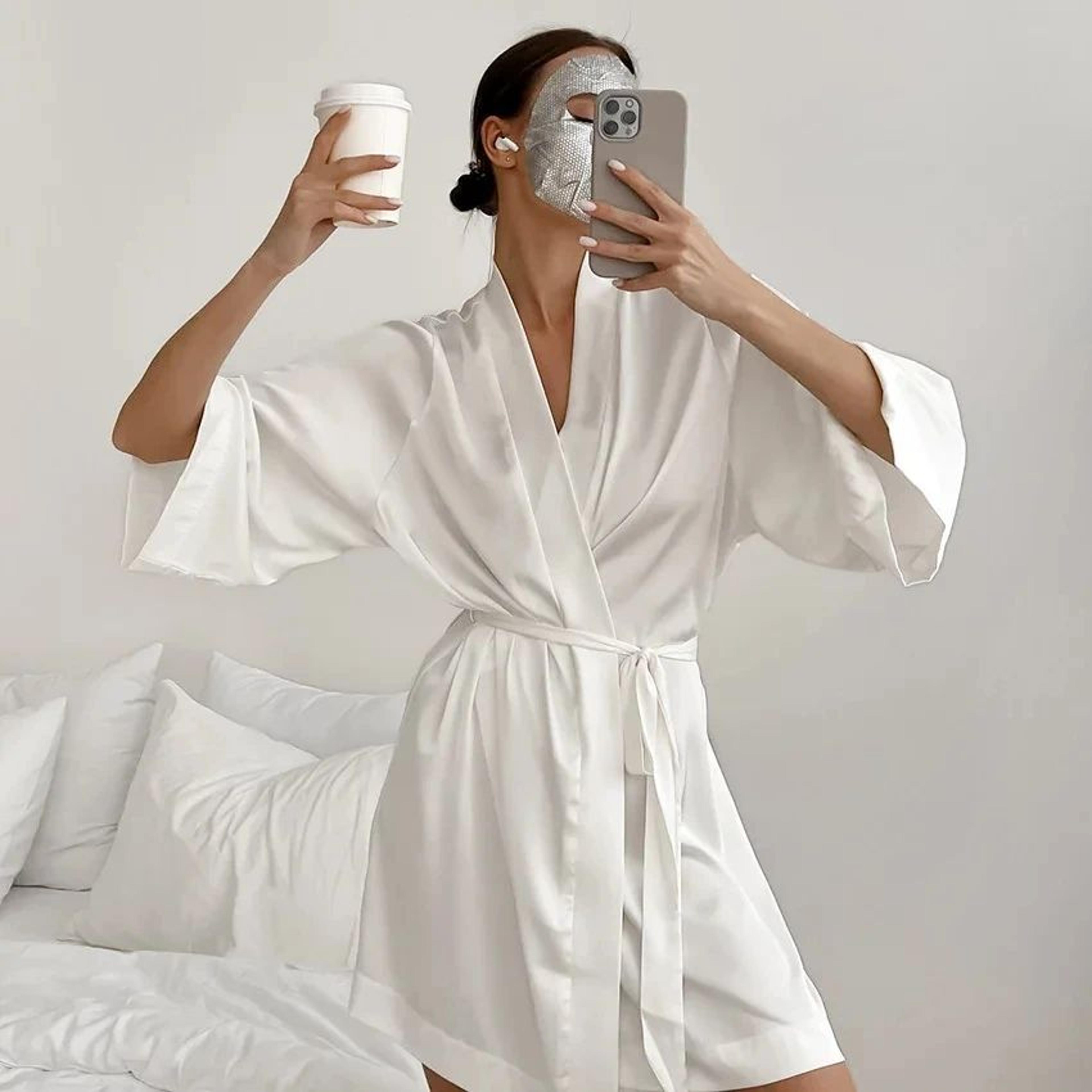 bridal bliss satin kimono robe – elegant bridal robe for wedding morning & getting ready