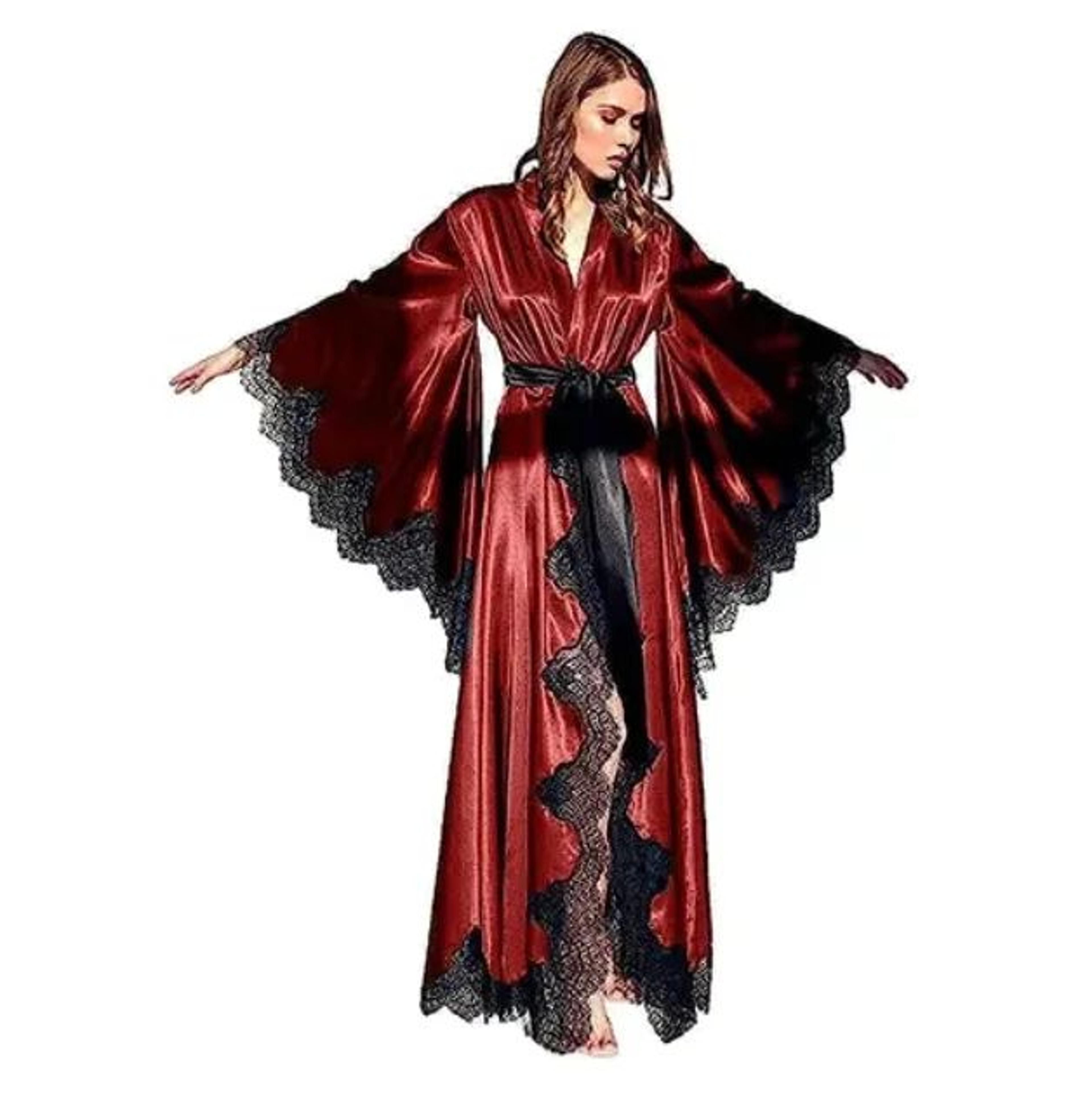 long black satin lace kimono robe for bridal getting ready & photo shoots