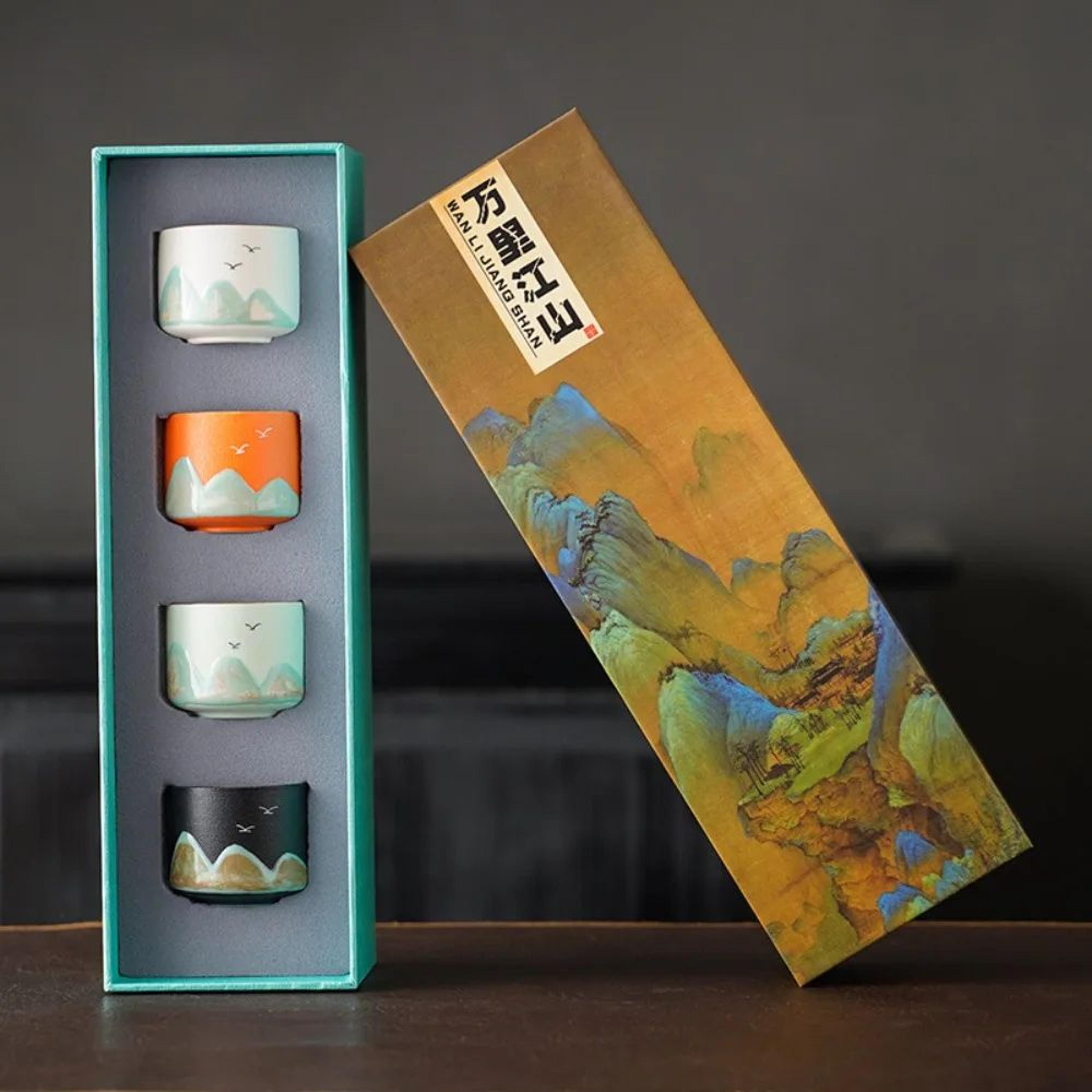 mountain view ceramic tea cup set – japanese sake set with bird pattern (5-piece)