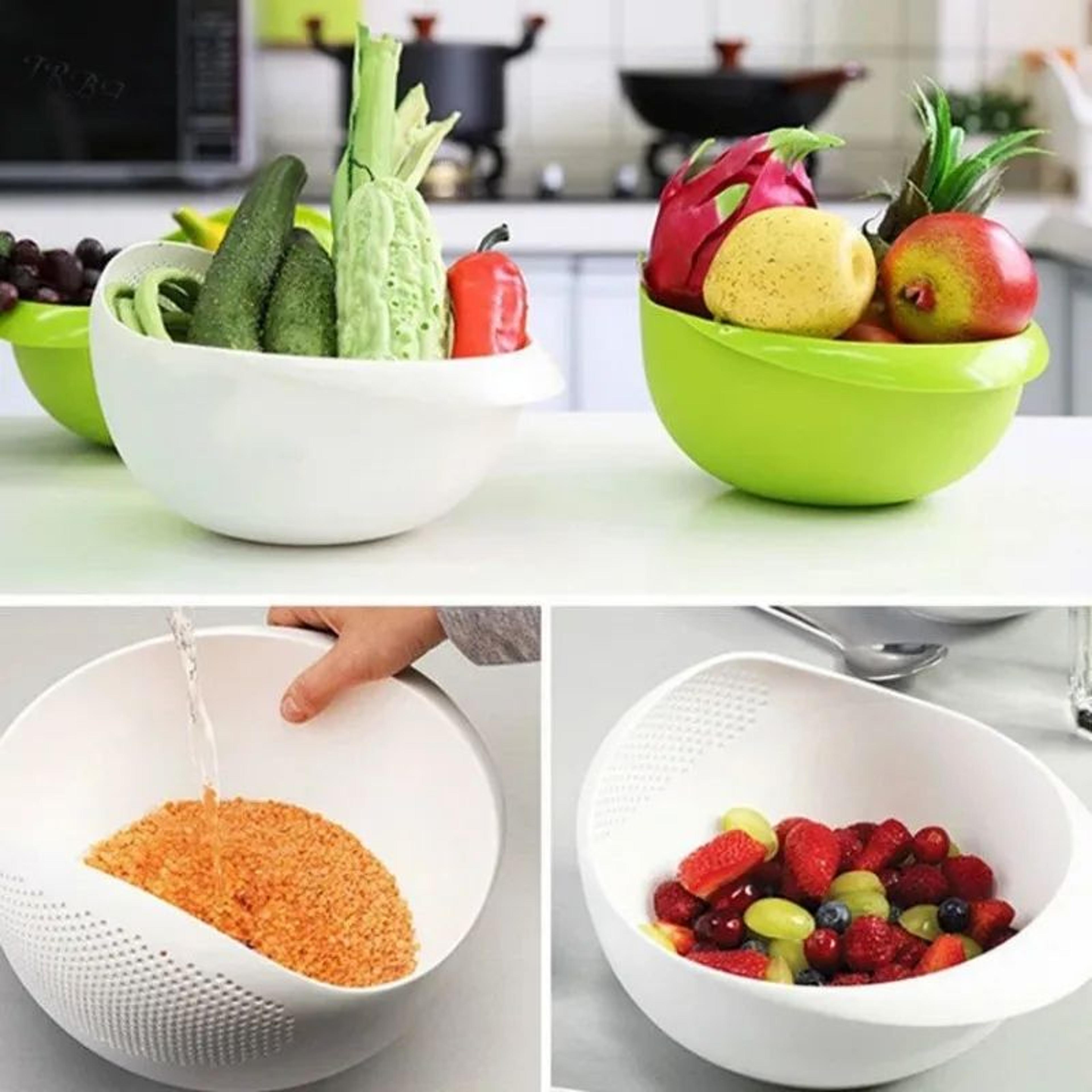 freshflow 2-in-1 plastic colander bowl with handle – multifunction rice washing bowl & fruit drain basket