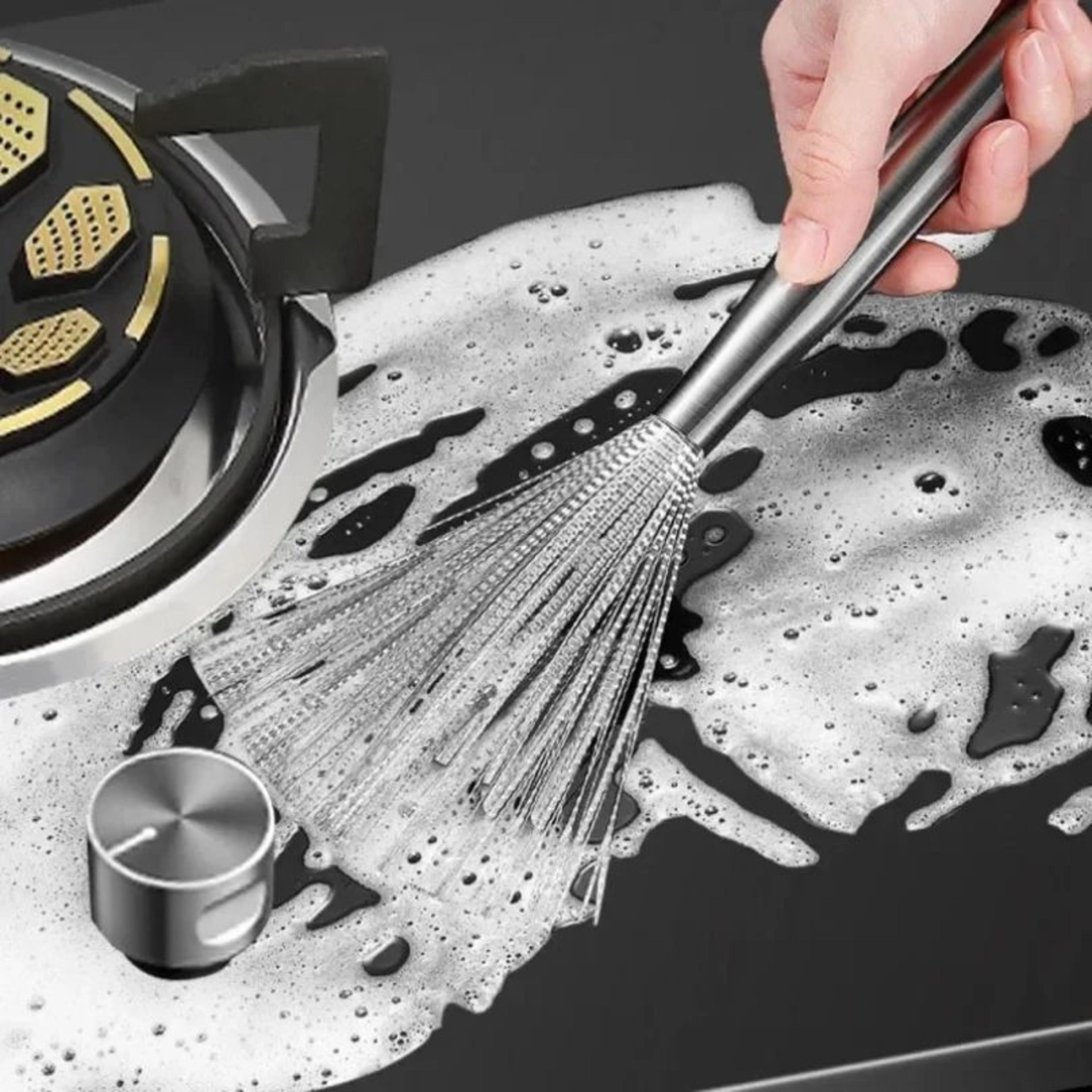 stainless steel long handle kitchen scrub brush for pots & utensils