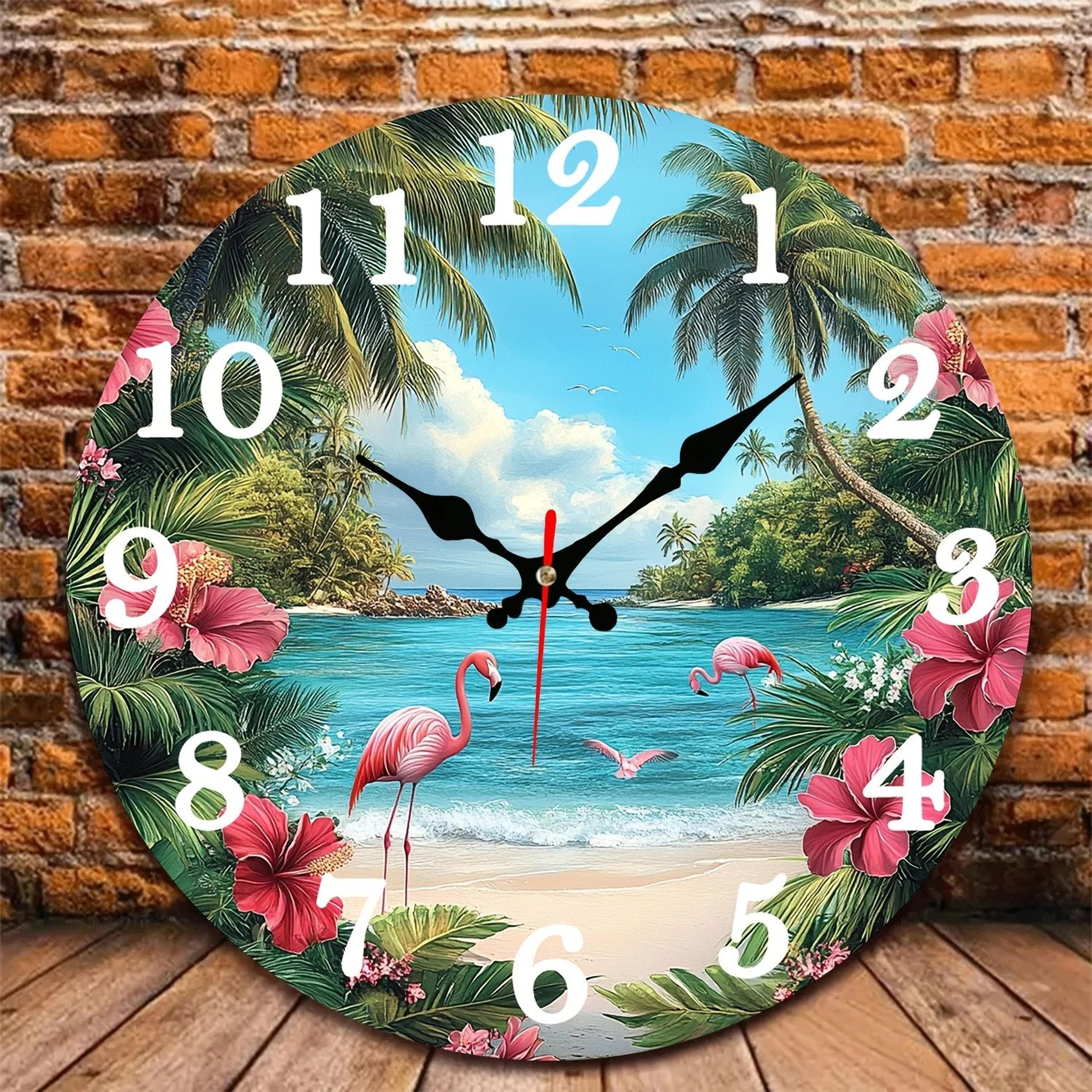 tropical flamingo beach wall clock with silent quartz movement & digital display