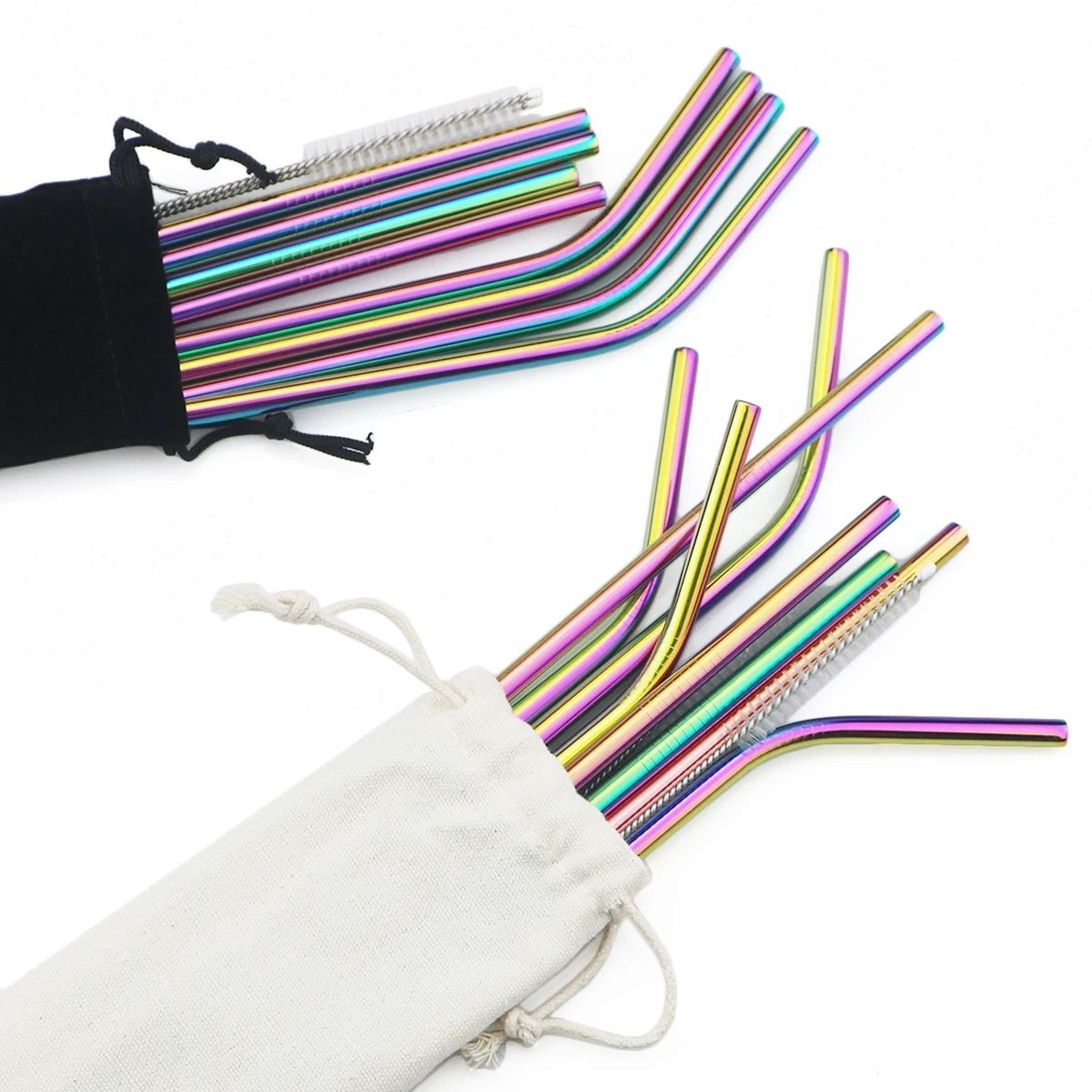 rainbow reusable metal straws set with cleaning brush – premium stainless steel drinking straws for cocktails, smoothies