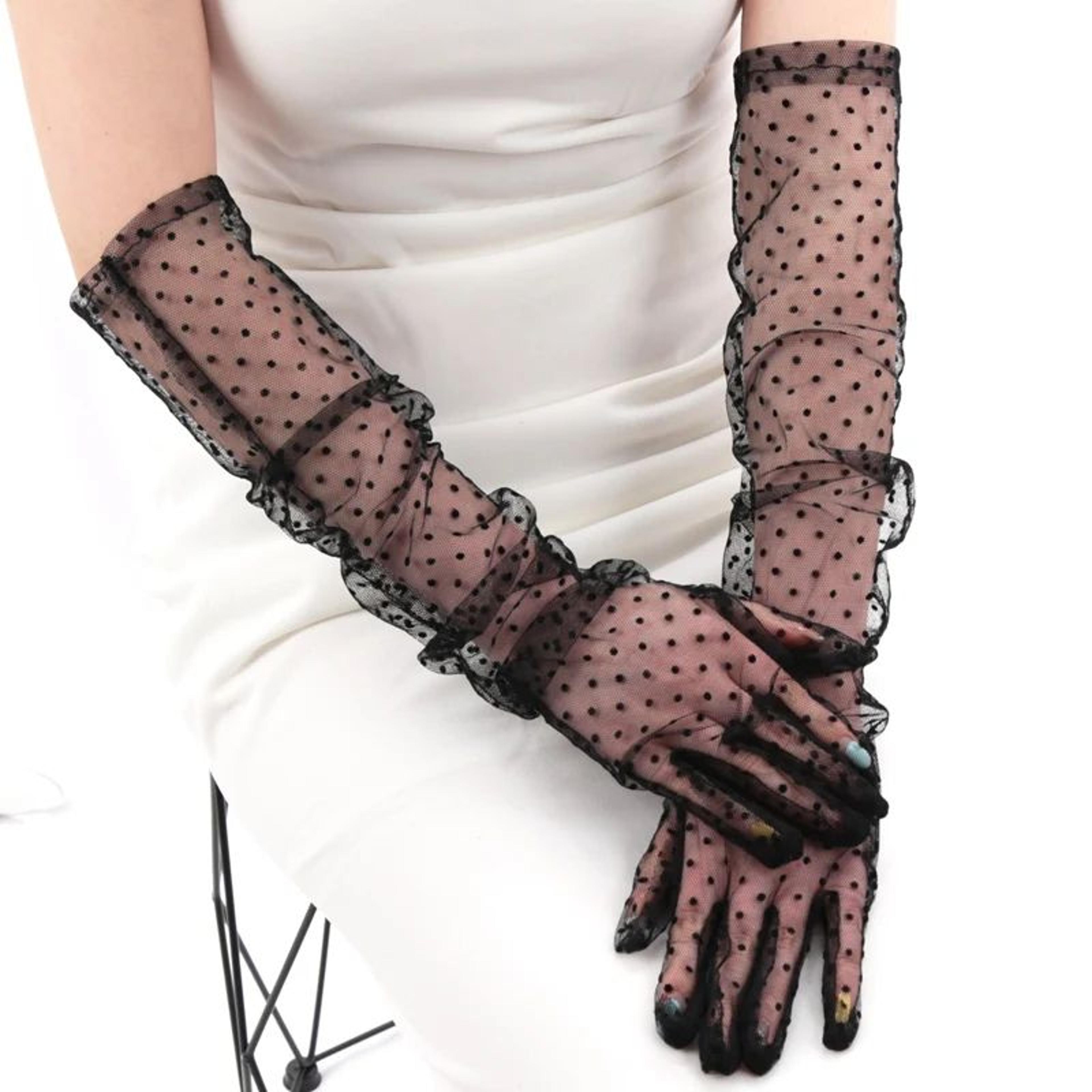 elegant black lace bridal gloves for women long mesh polka dot tulle
