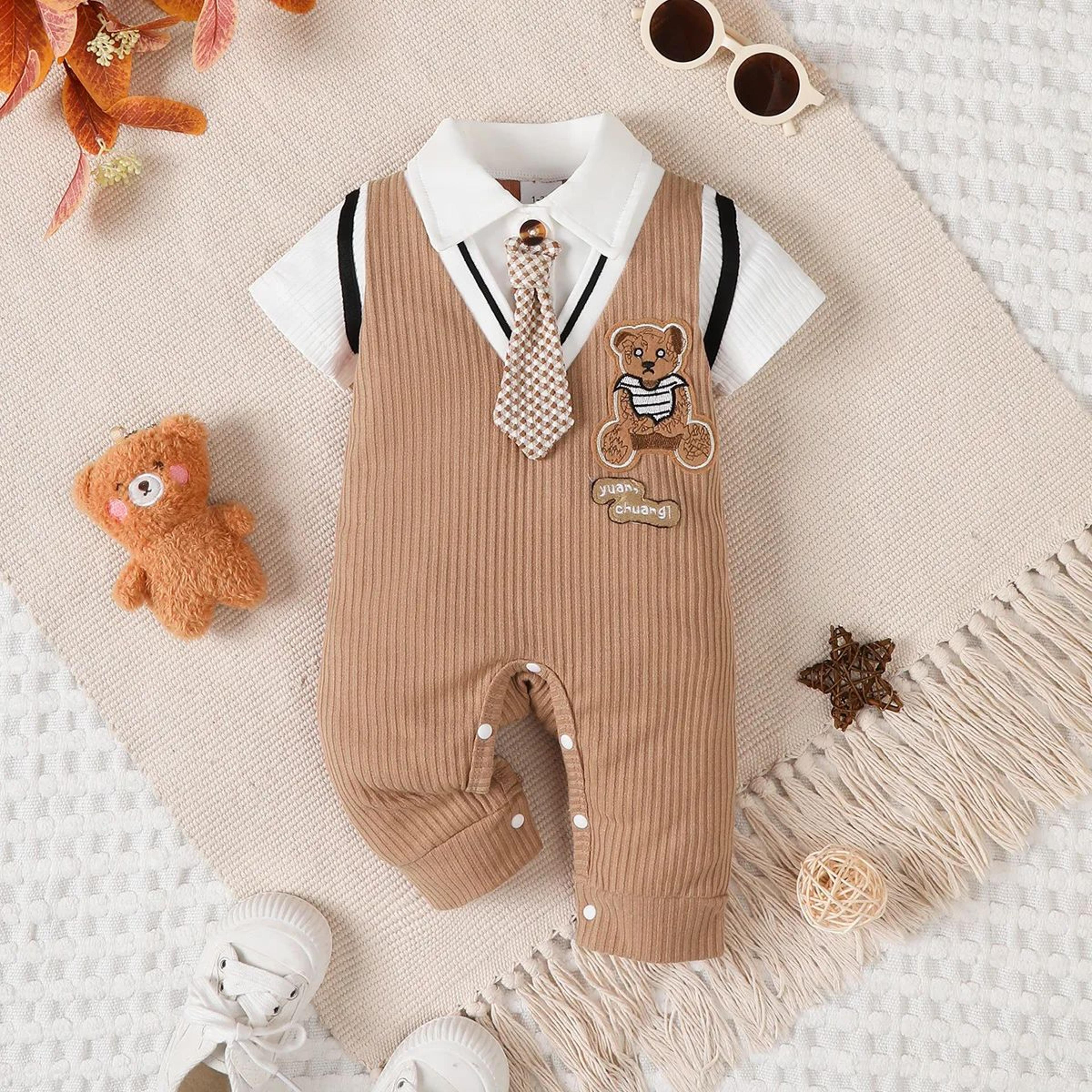 little gentleman baby boy jumpsuit with teddy bear collar detail