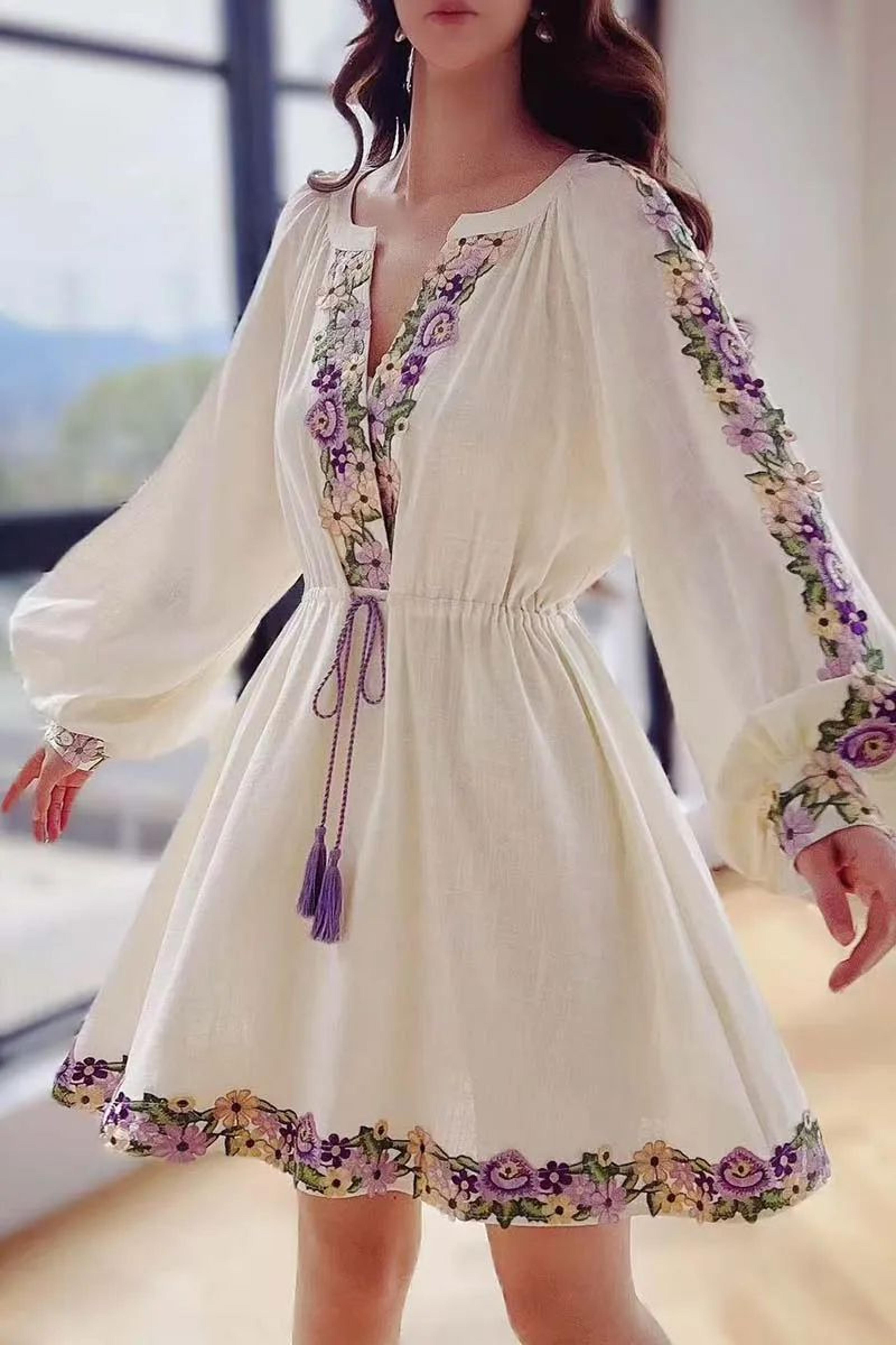 embroidered chiffon dress with lantern sleeves – elegant beach style dress knee-length y2k spring dress