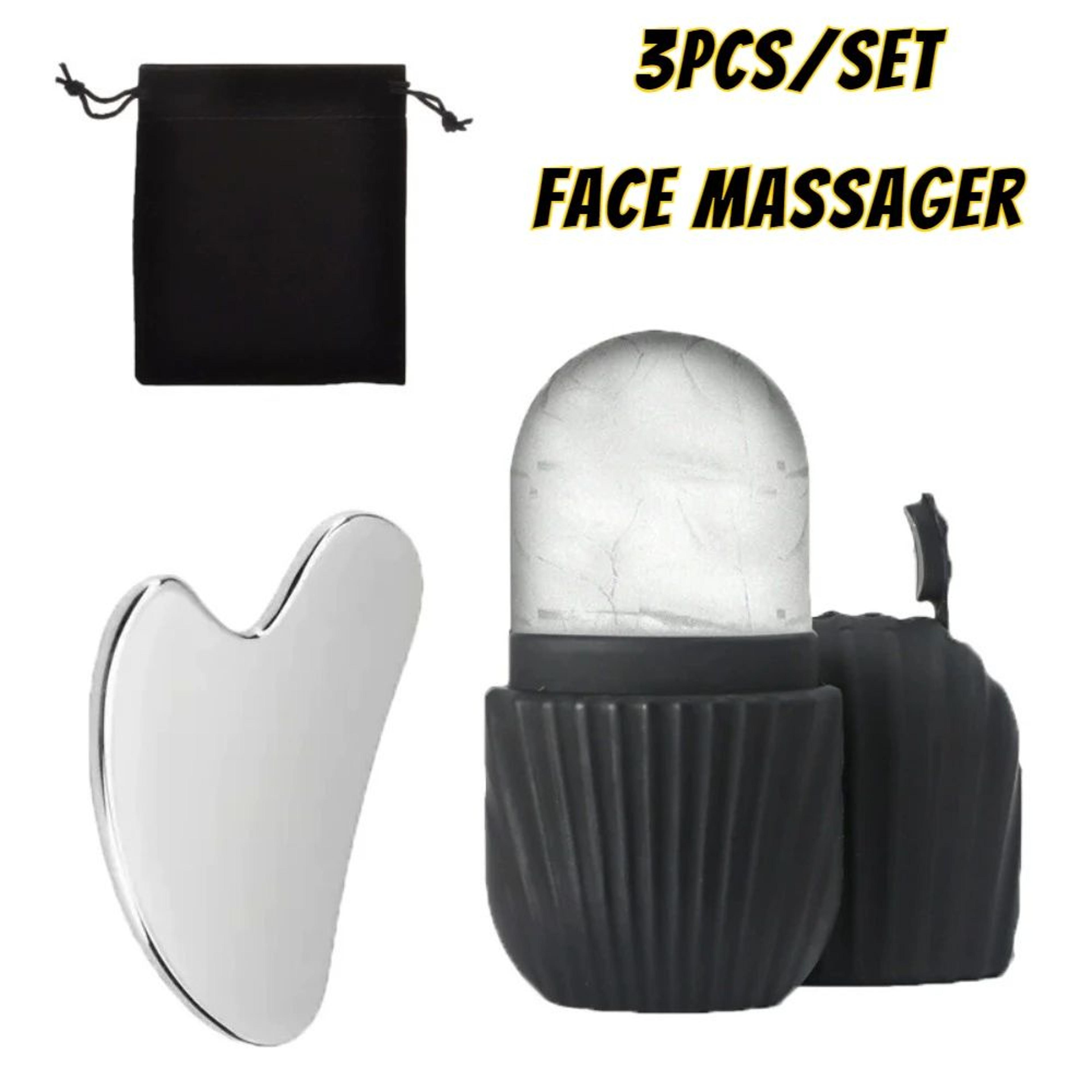 stainless steel ice face roller & gua sha set for depuffing and facial sculpting