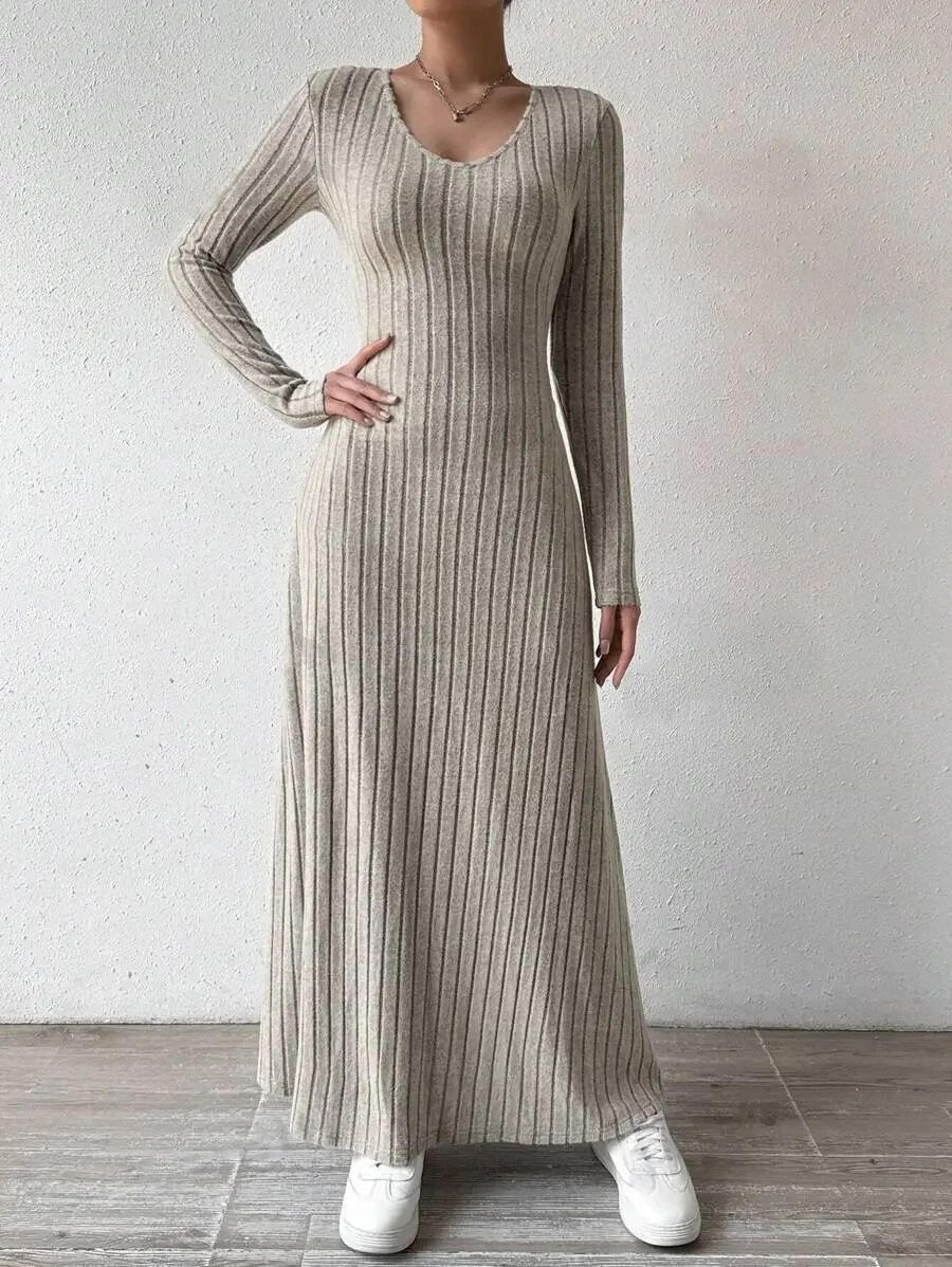urban elegance knitted long sleeve a-line streetwear dress for women