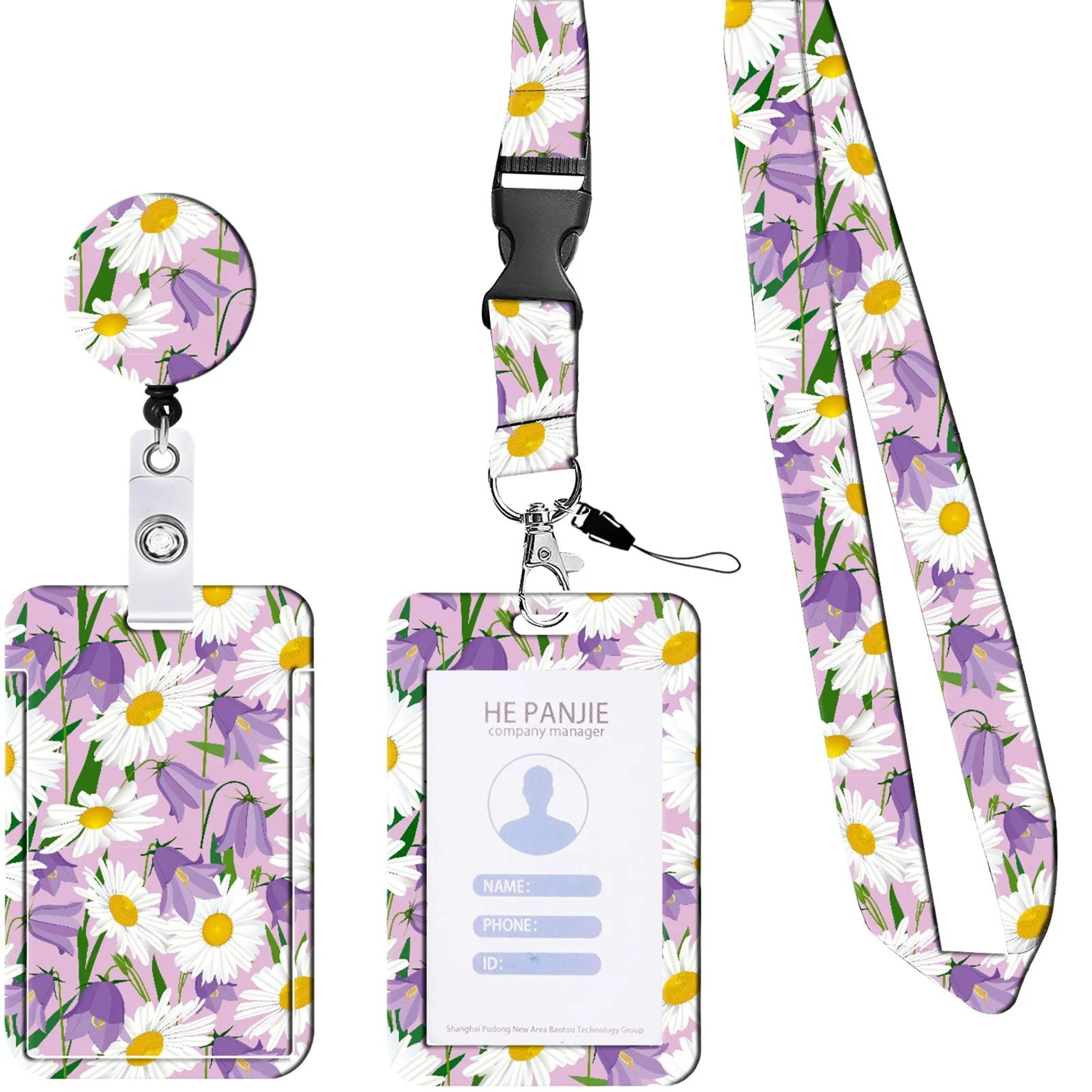 floral badge holder with lanyard and retractable reel for id cards, keys, and phone