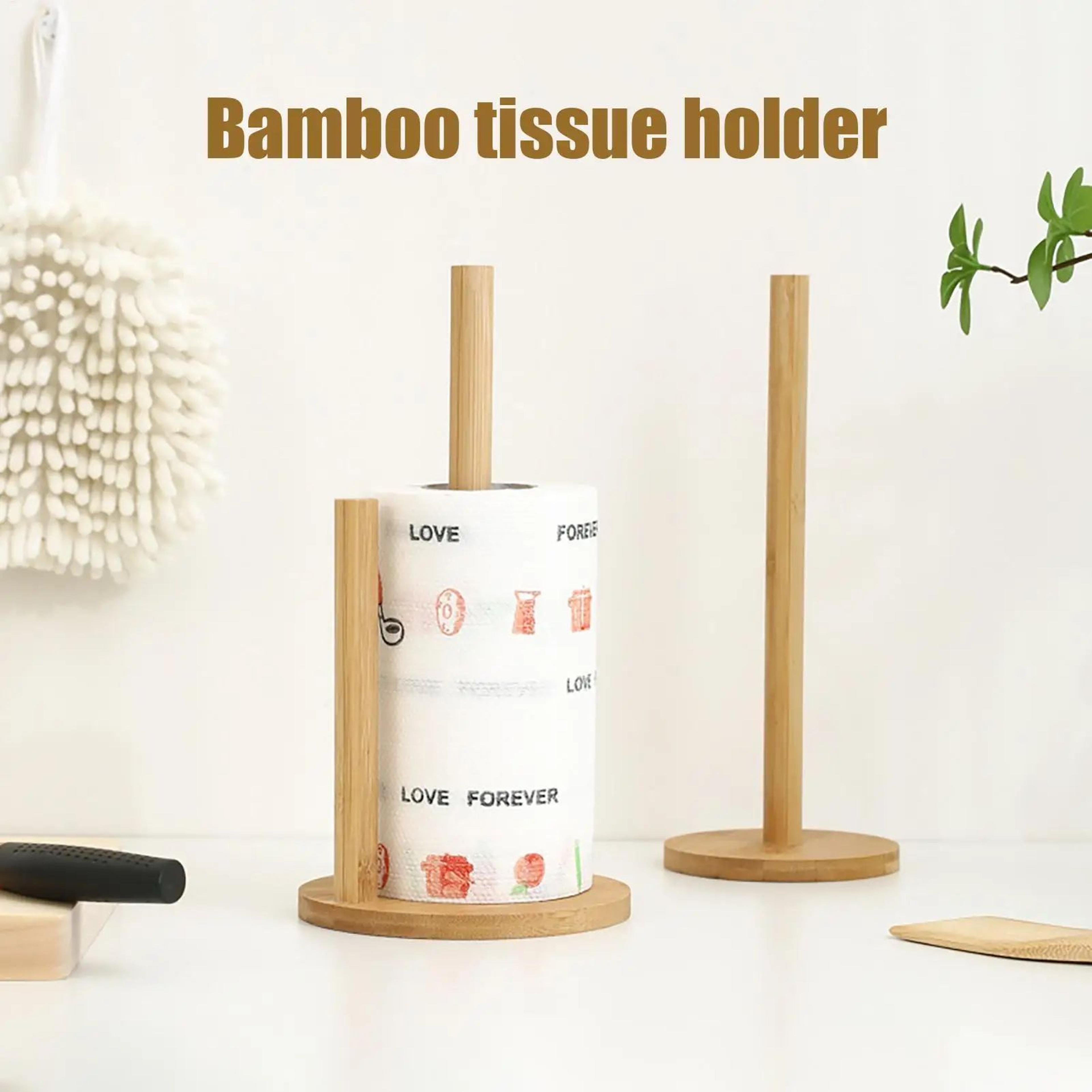 rustic wooden paper towel holder stand with anti-skid base – natural countertop kitchen organizer