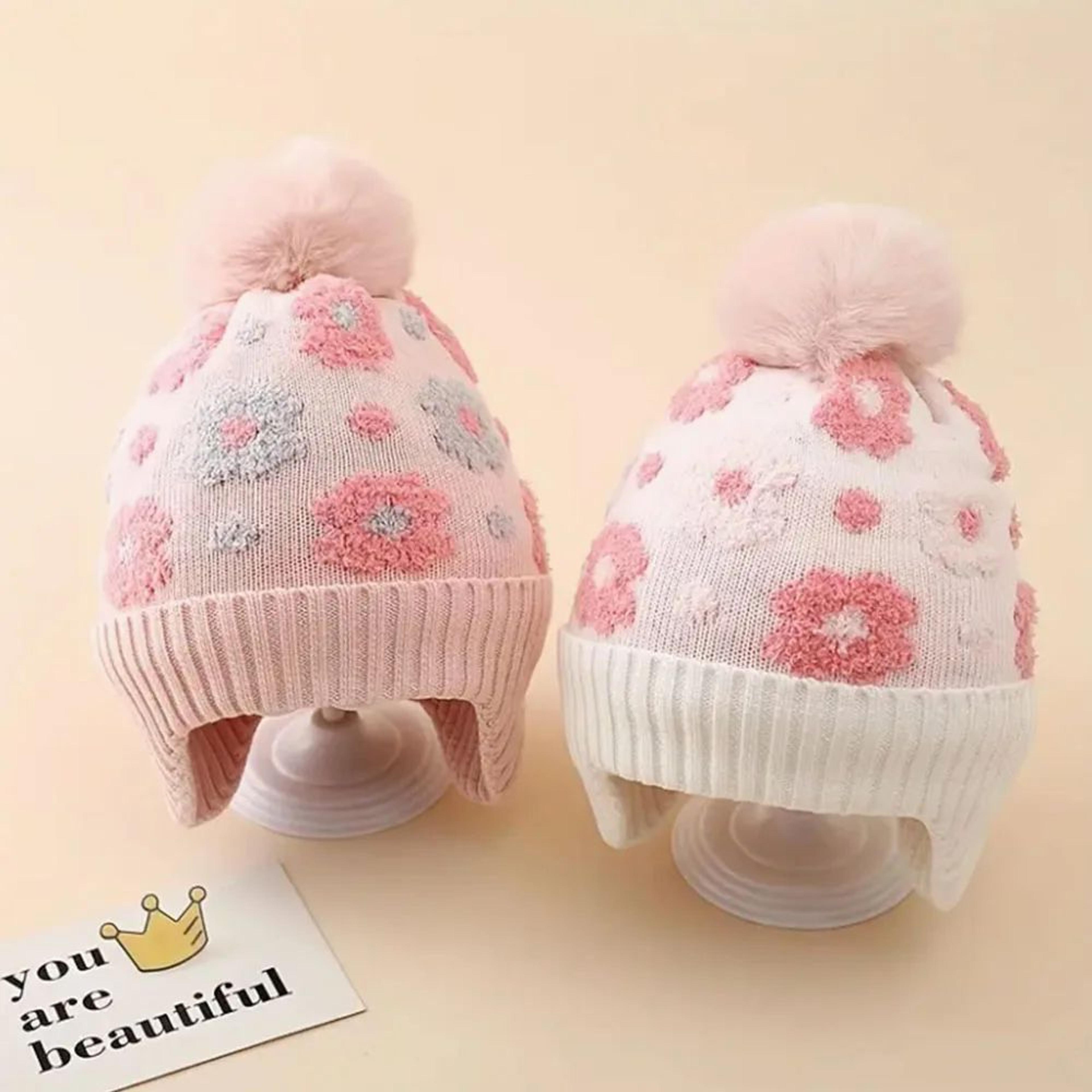 kids floral ear warmer beanie hat with adjustable snap – soft winter hat for boys & girls