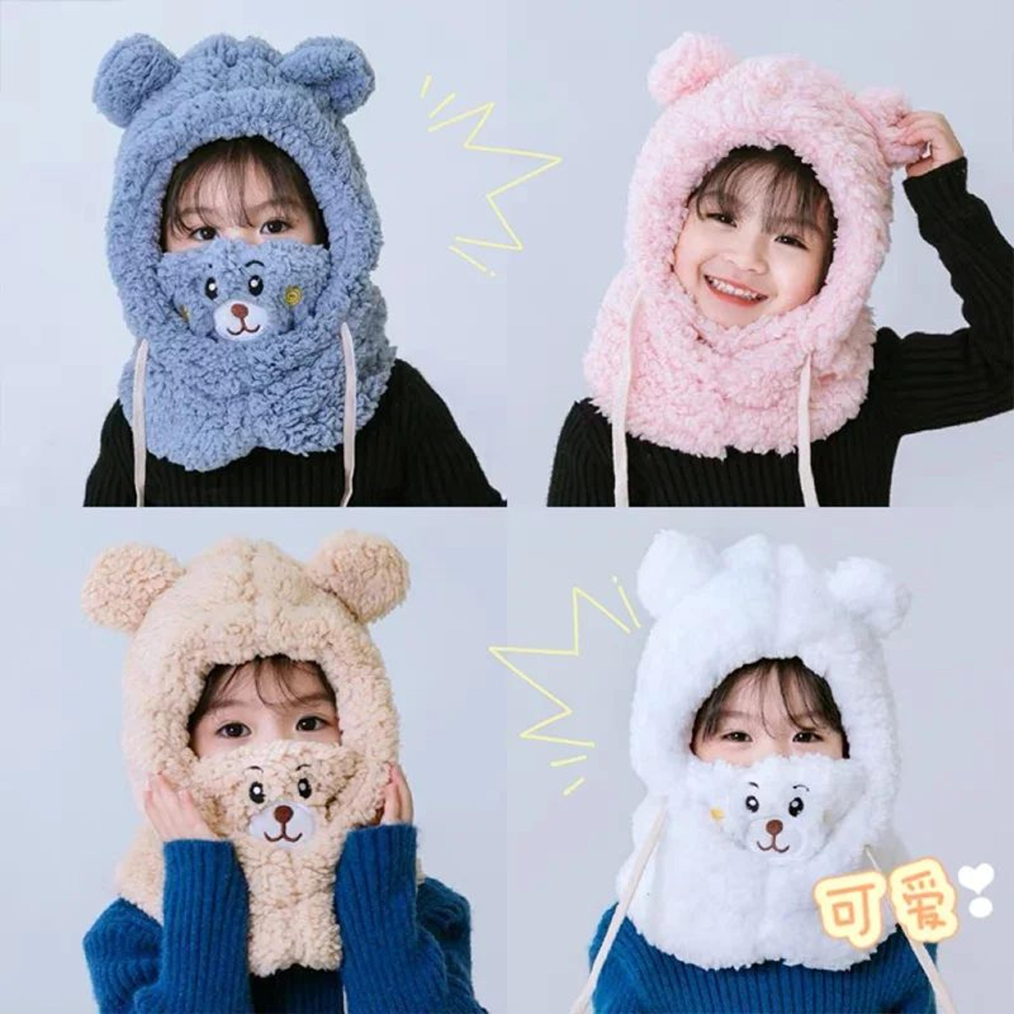 cozybear kids winter hat with scarf hood – plush bear hat for toddlers & babies