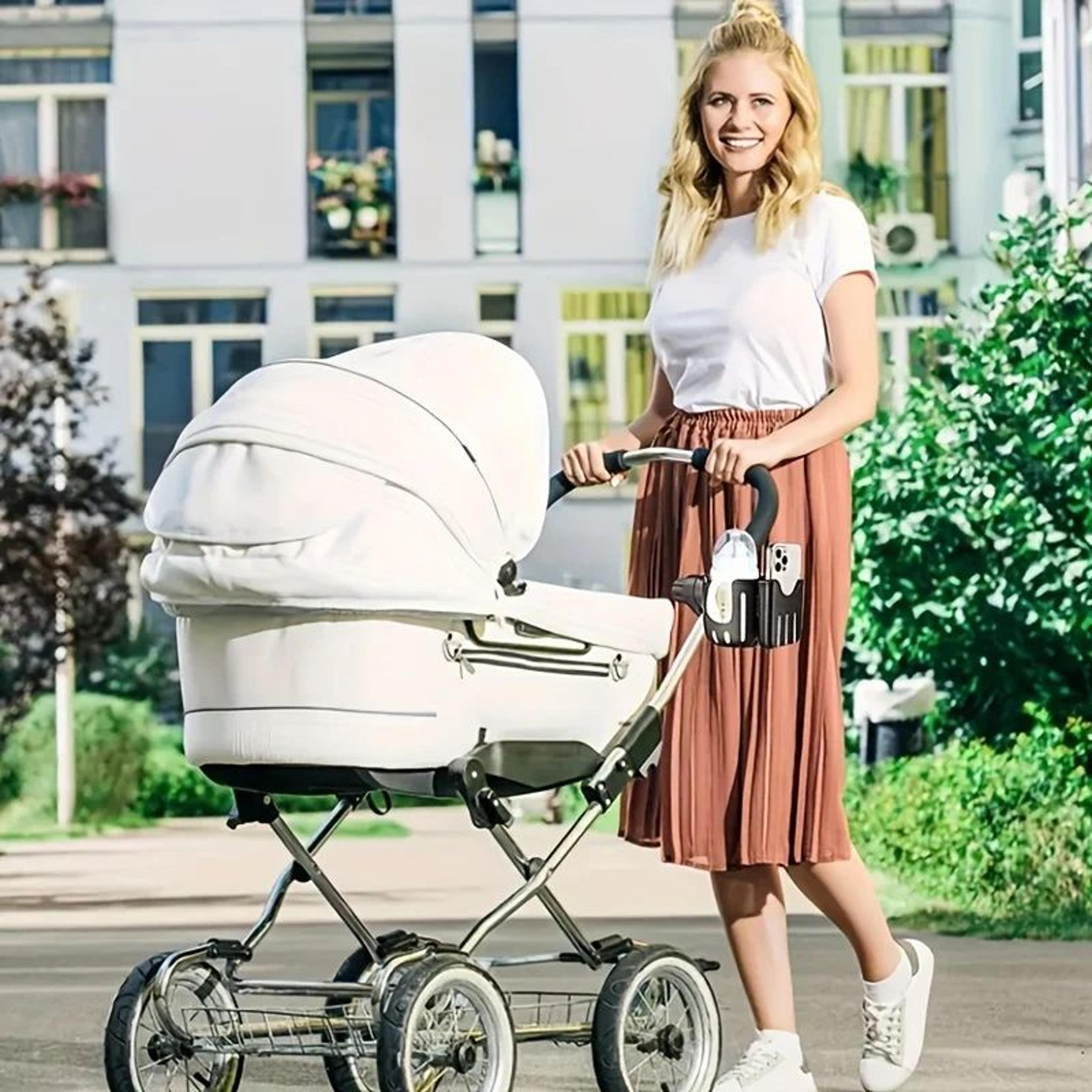 universal stroller cup holder with phone holder for strollers, wheelchairs & walkers