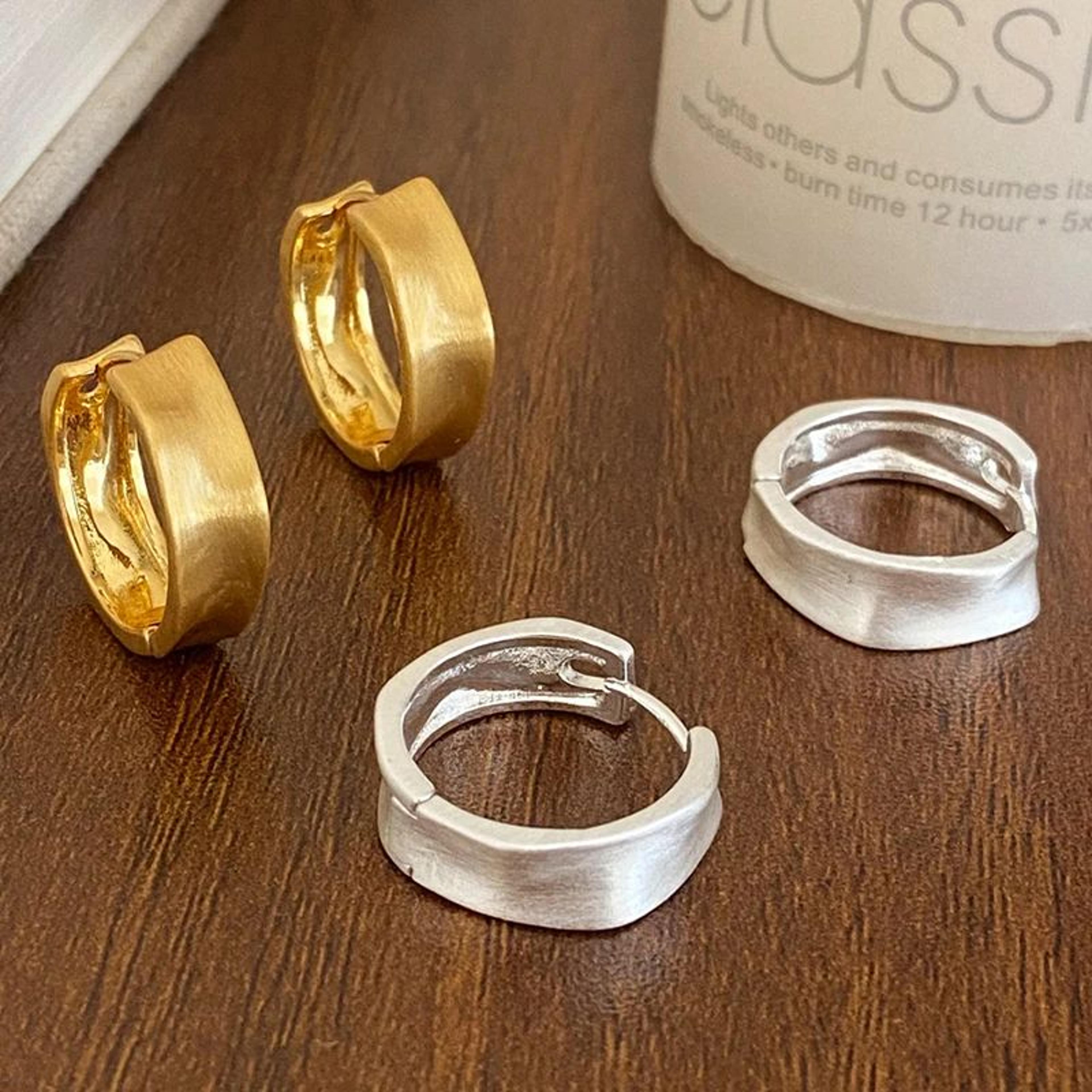 minimalist brushed sterling silver hoop earrings with 18k gold finish – vintage-inspired irregular design