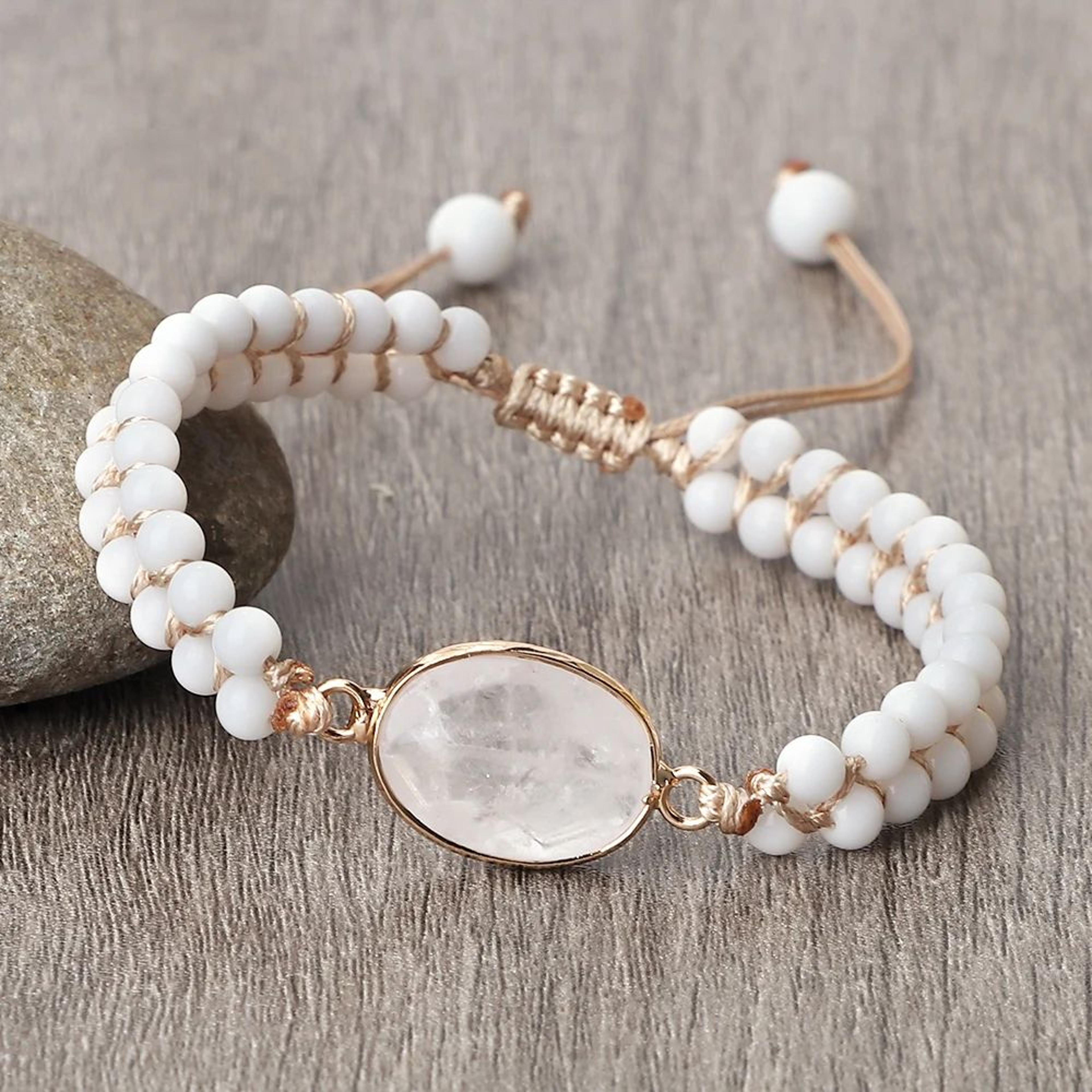 vintage howlite bracelet for women & men – 4mm white beaded bracelet with handmade adjustable braided design