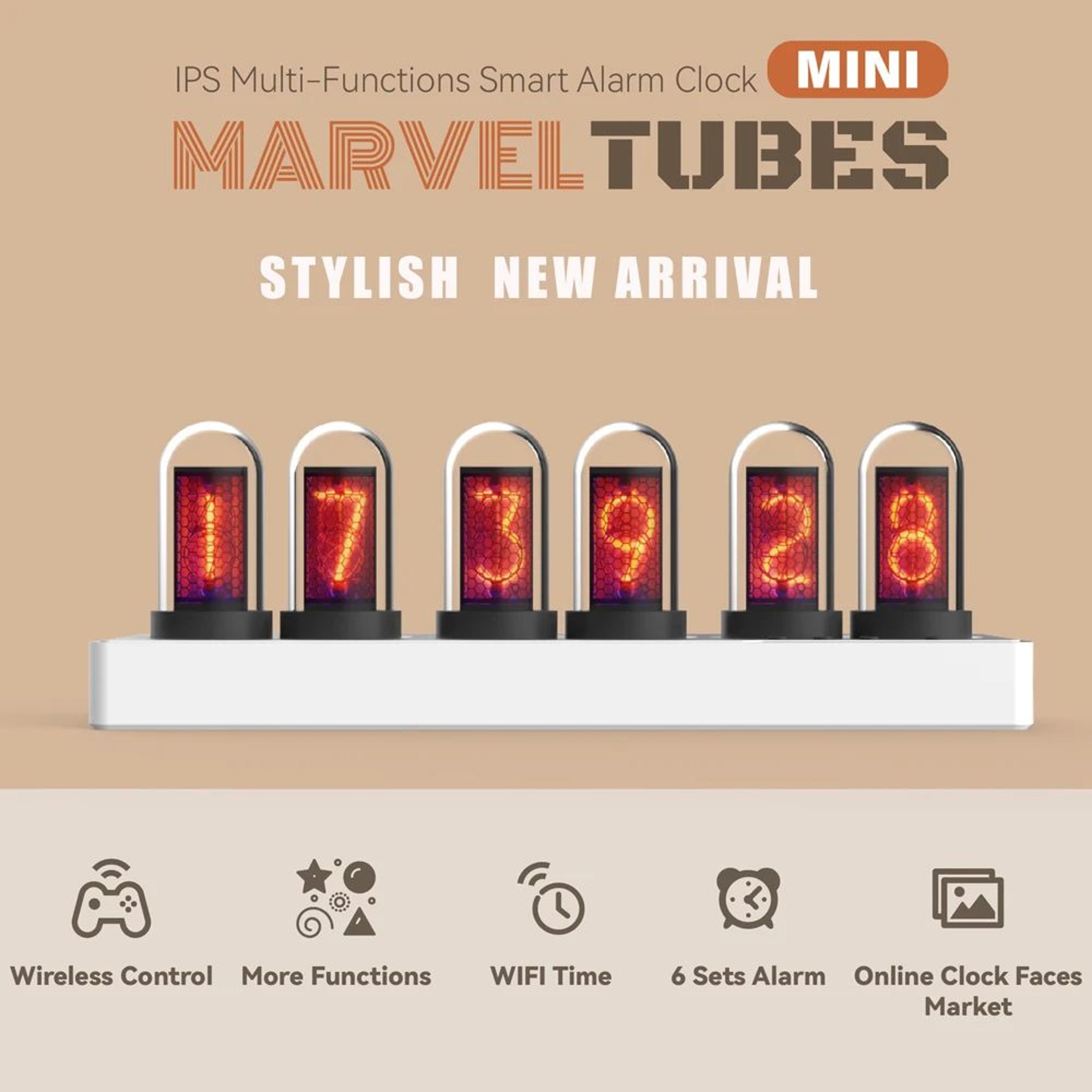 wifi nixie tube clock with rgb lights, custom photo display & alarm for game rooms