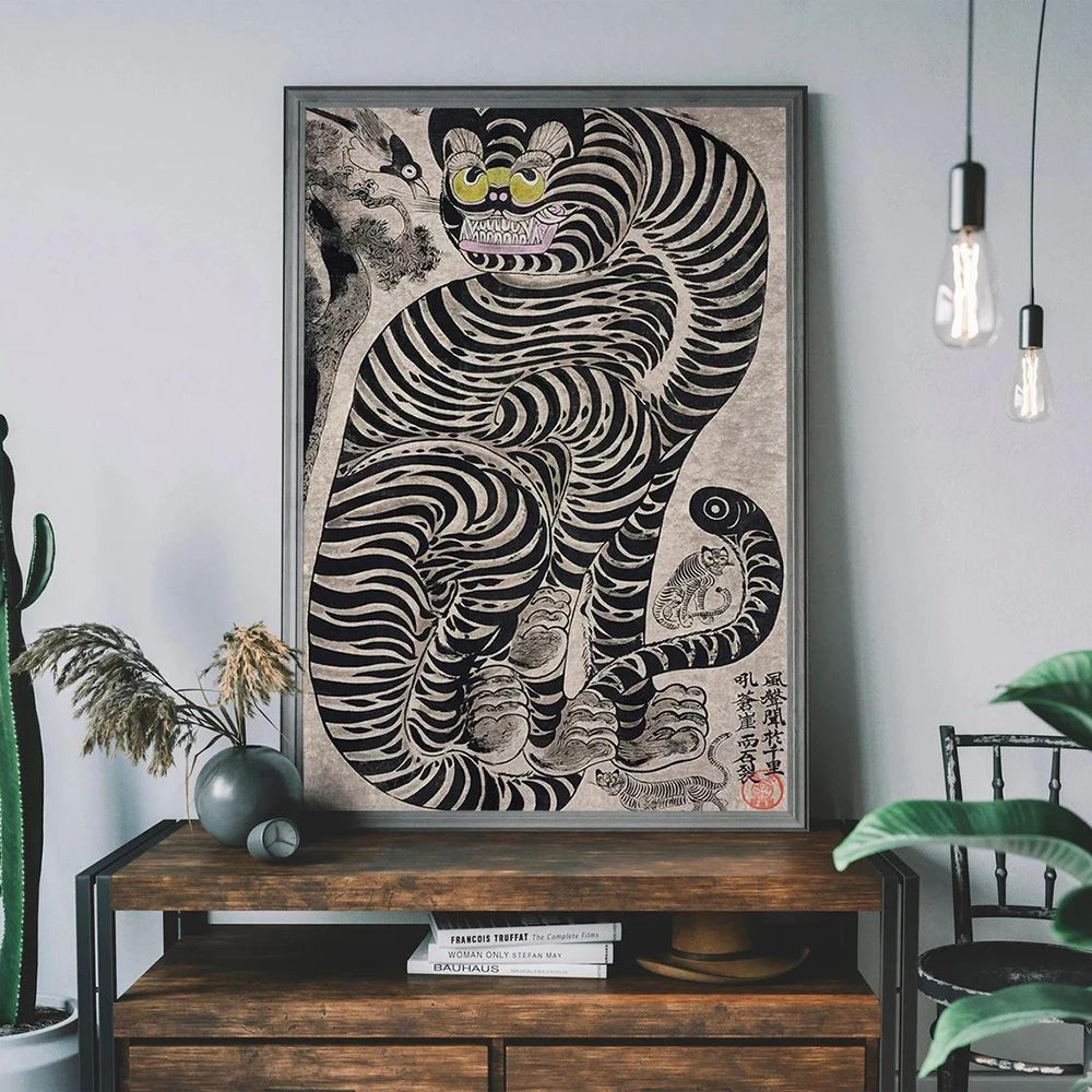 vintage japanese tiger cat record player poster – retro tiger wall art canvas print