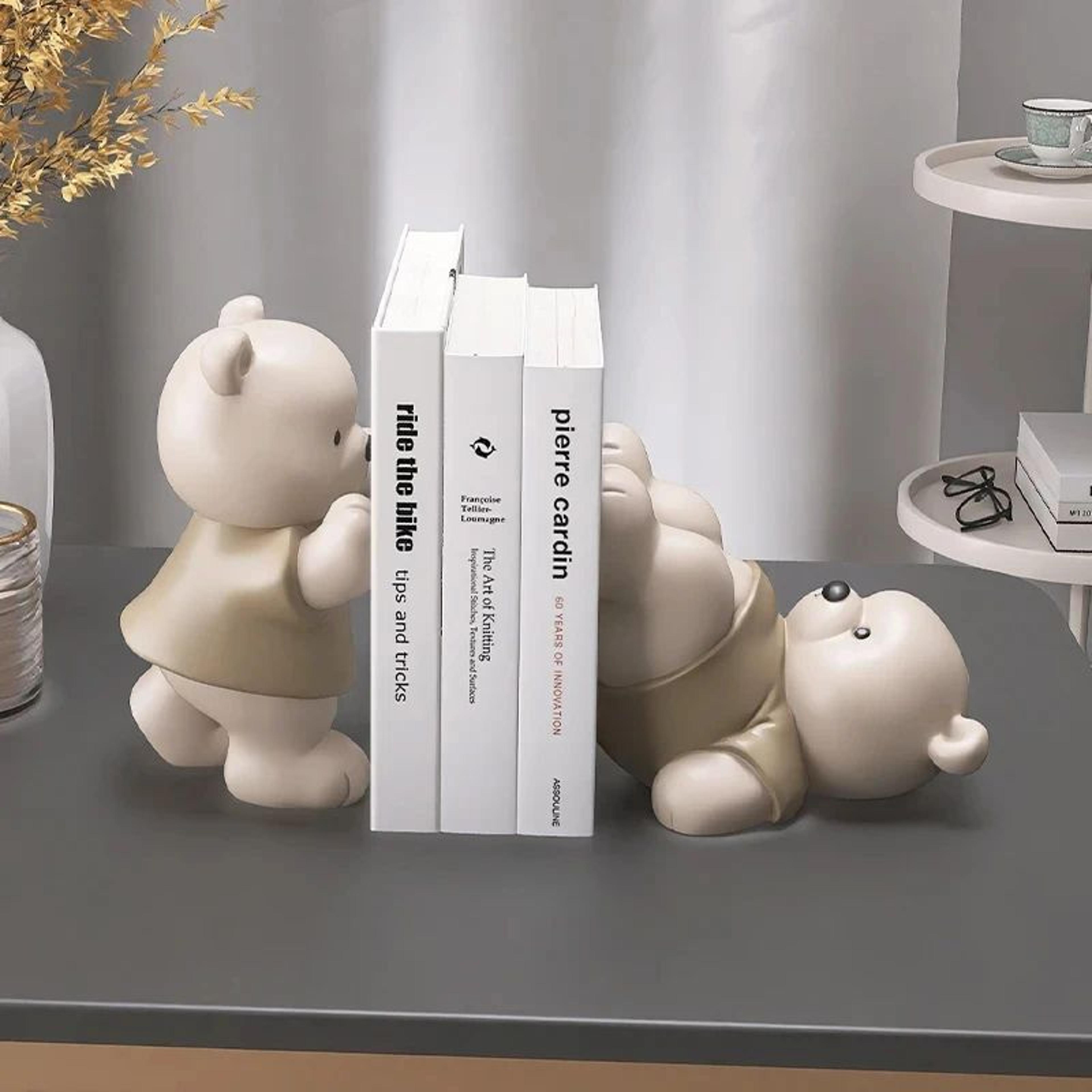 cream bear bookends decorative book holder for cute home decor