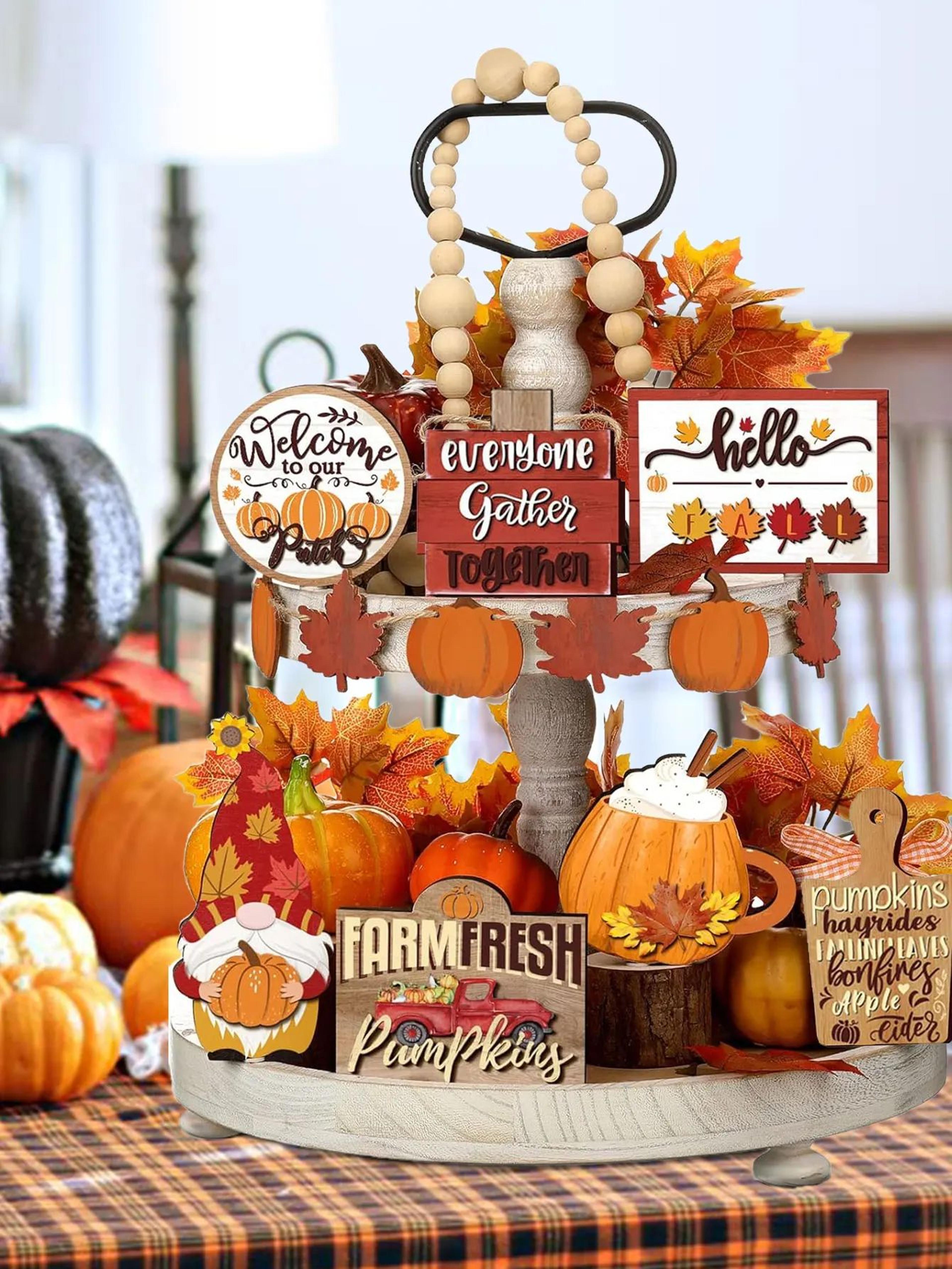 autumn farmhouse tiered tray decor set with pumpkin spice accents