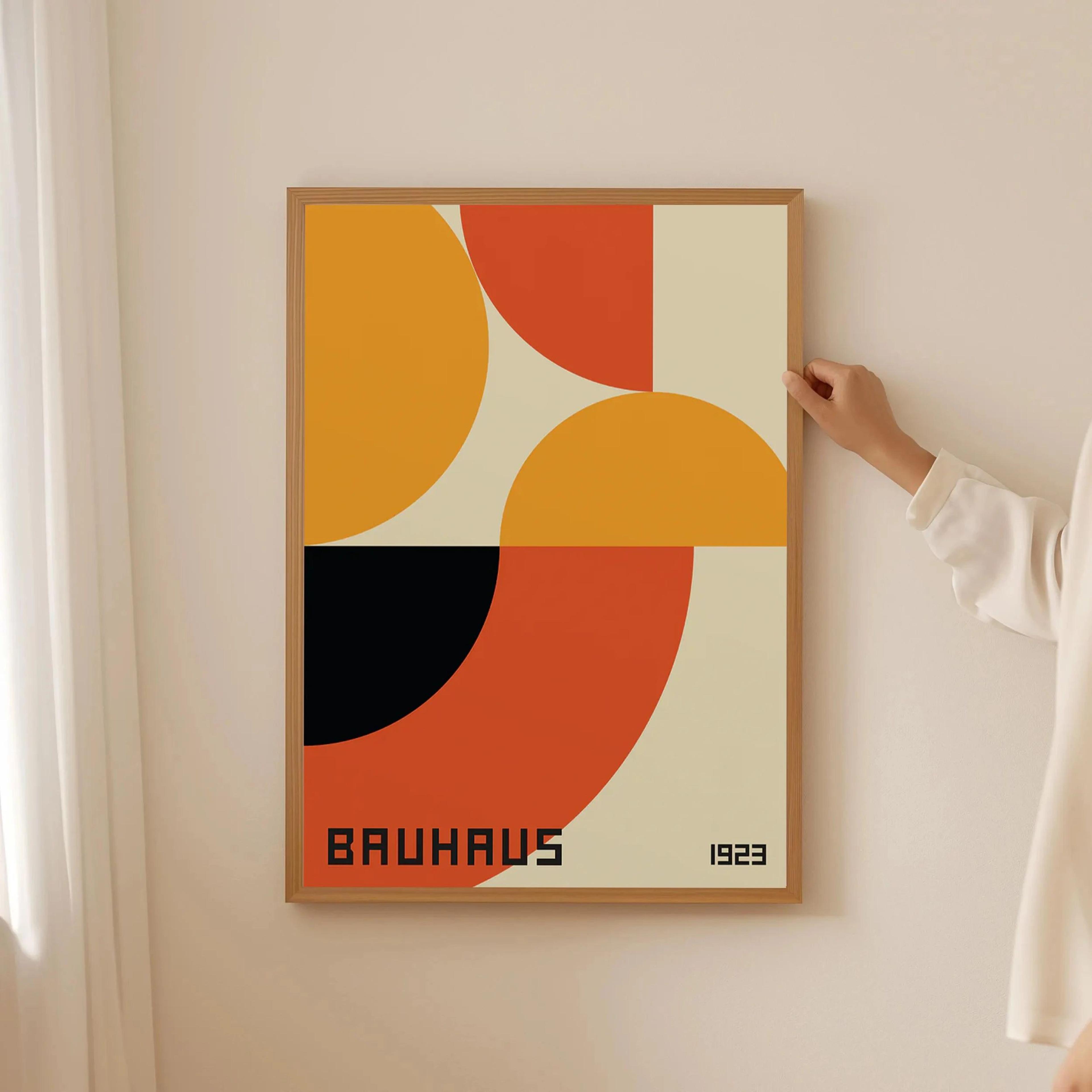 bauhaus wall art geometric poster print – modern abstract orange sunrise bicycle decor