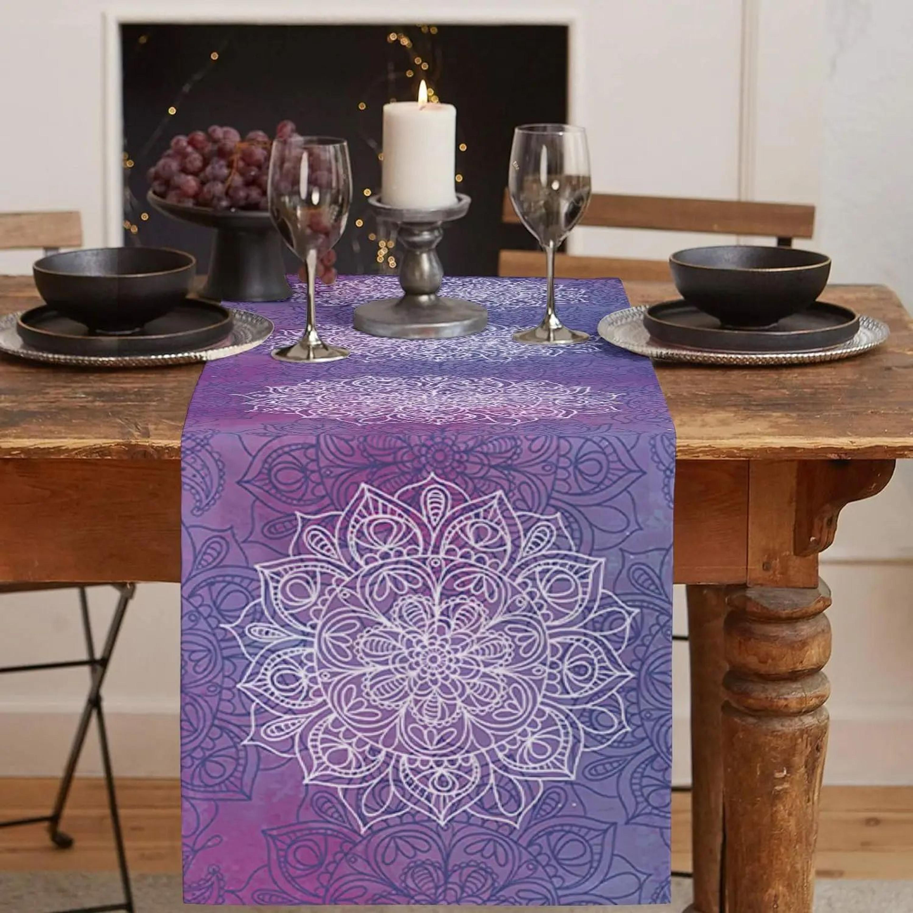 boho mandala linen table runner for farmhouse dining & wedding decor