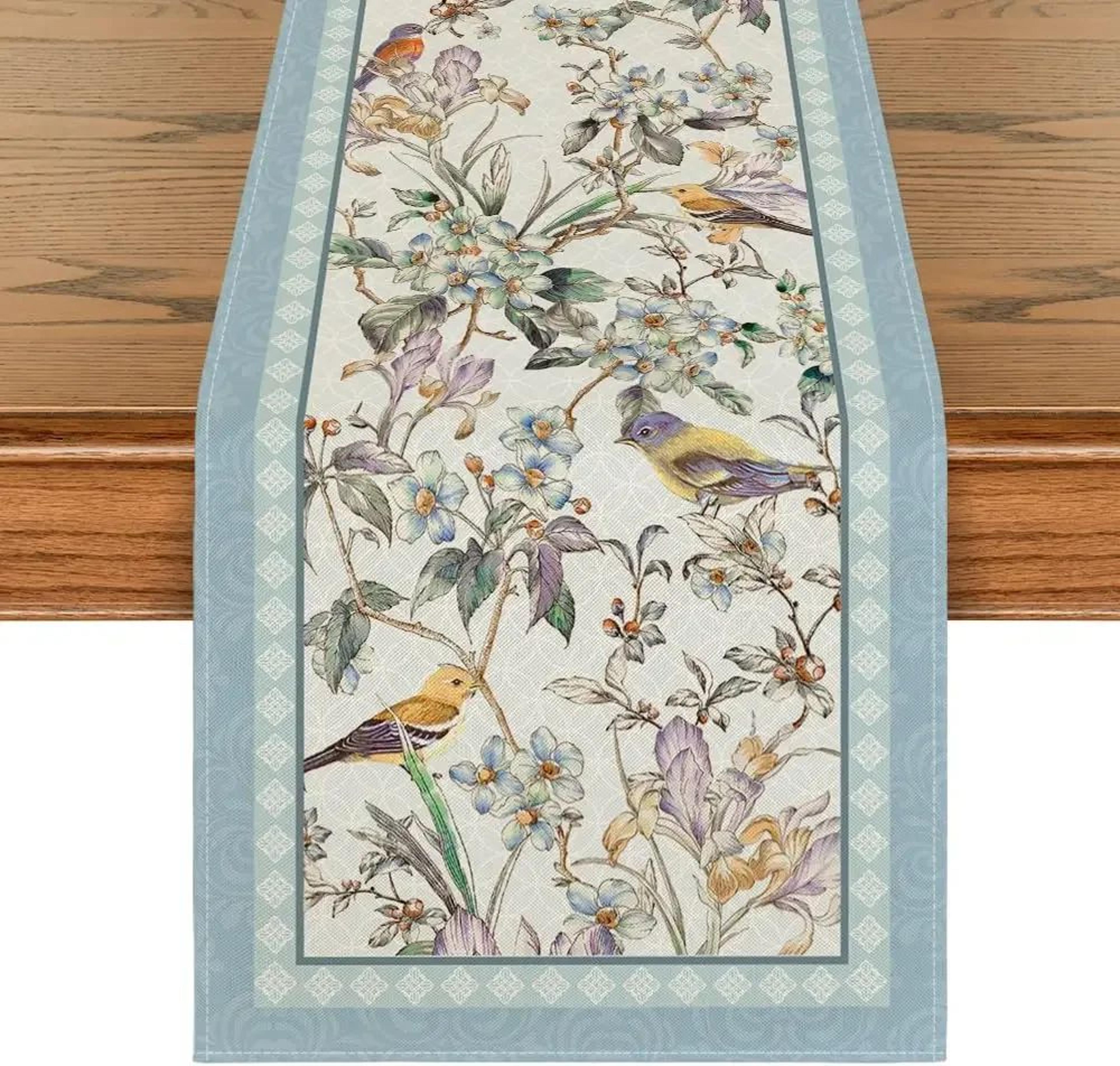 blue bird blossom floral table runner for dining tables and weddings