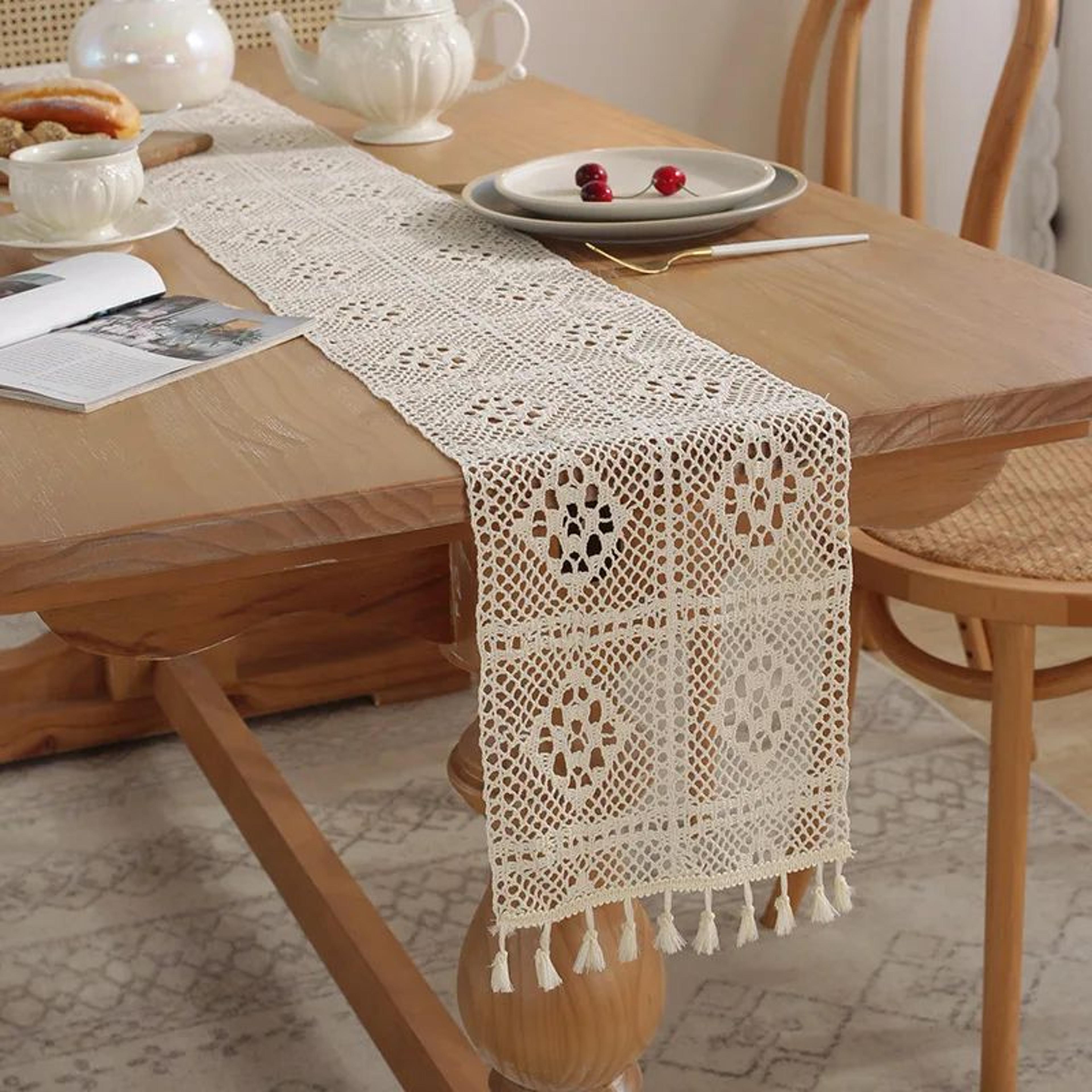 boho beige macrame table runner – farmhouse crochet elegance for dining & events