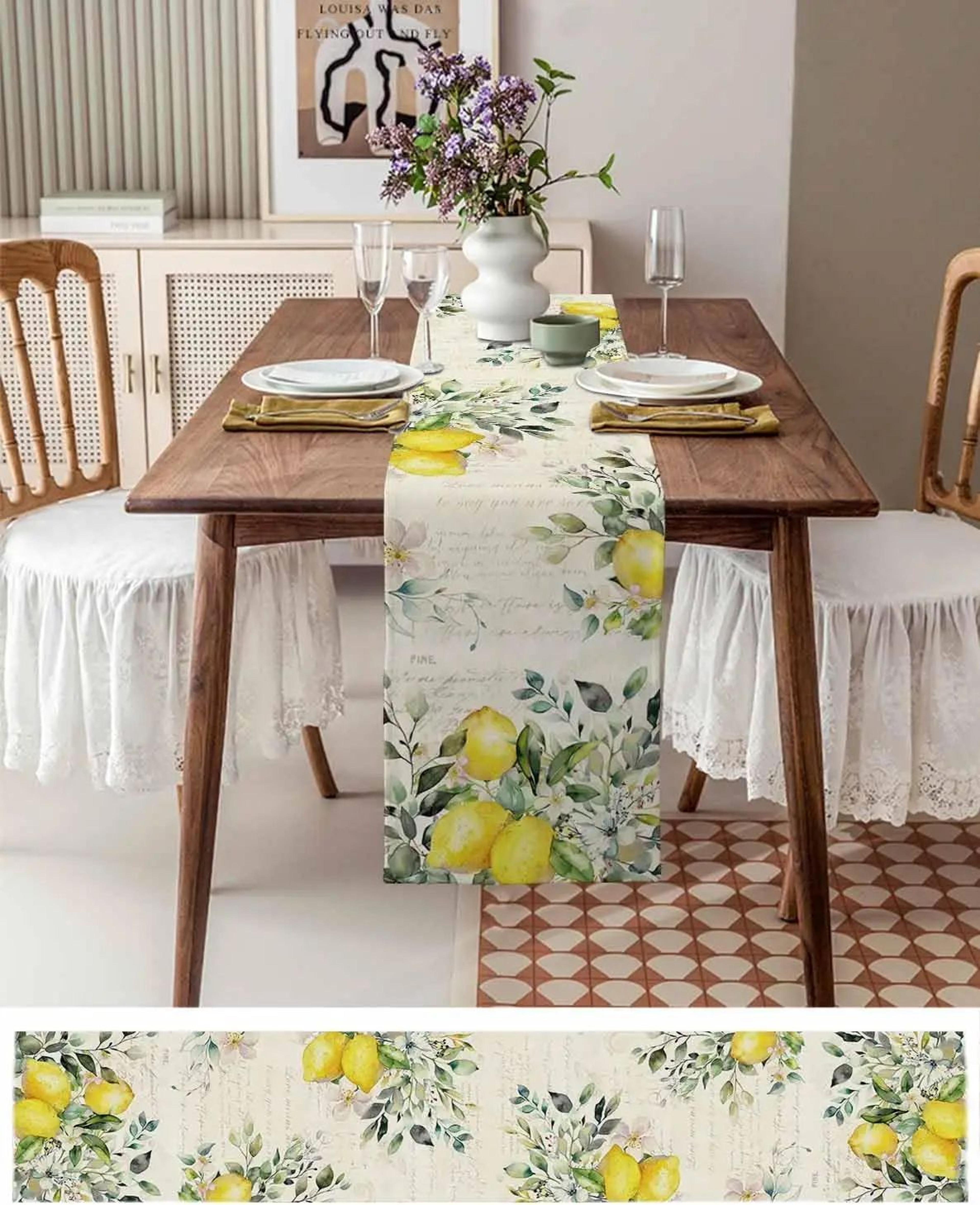 green eucalyptus lemon linen table runner – seasonal floral table runner for dining & holiday decor