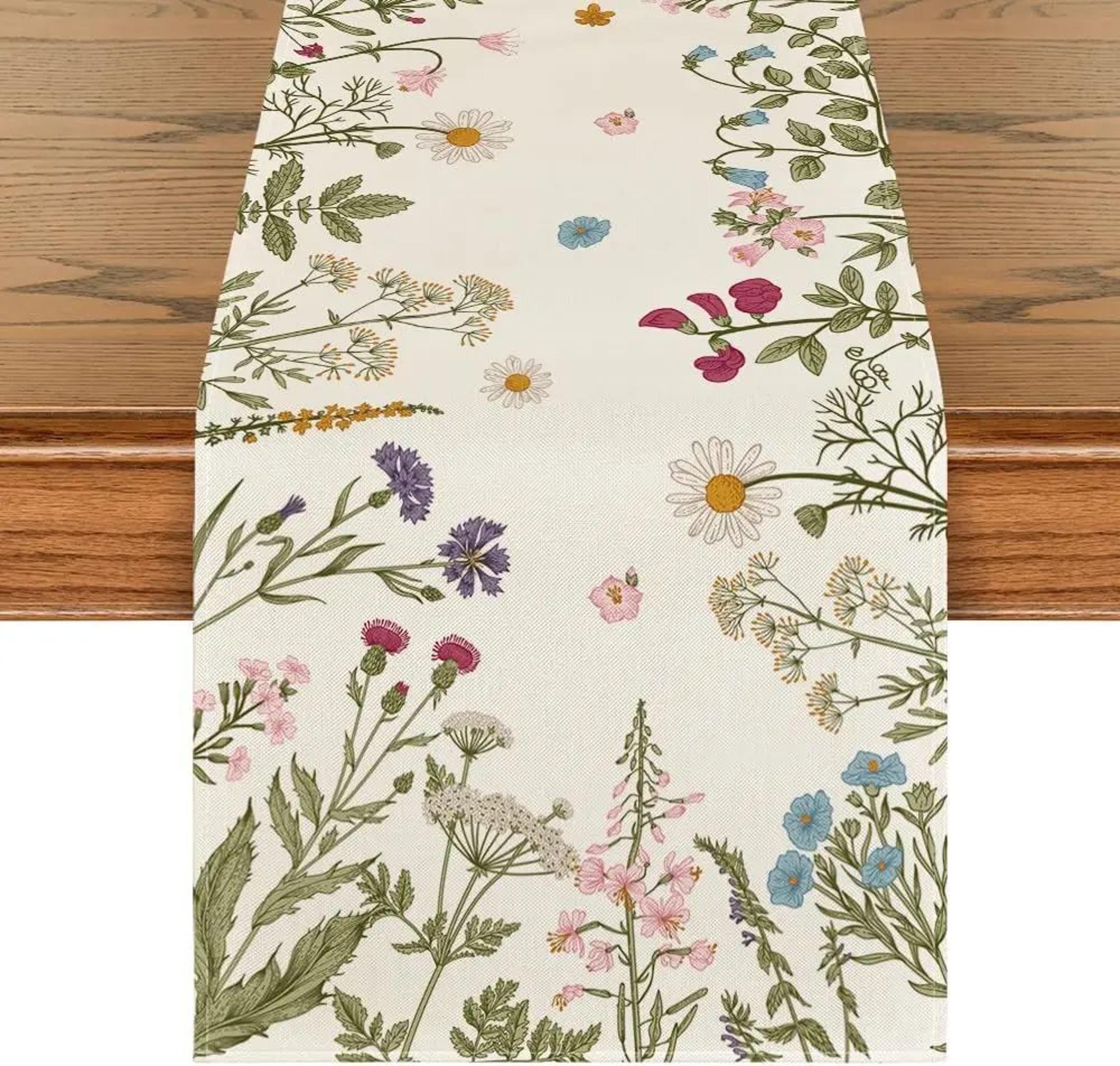 spring daisy linen table runner – farmhouse floral table decor for dining & events