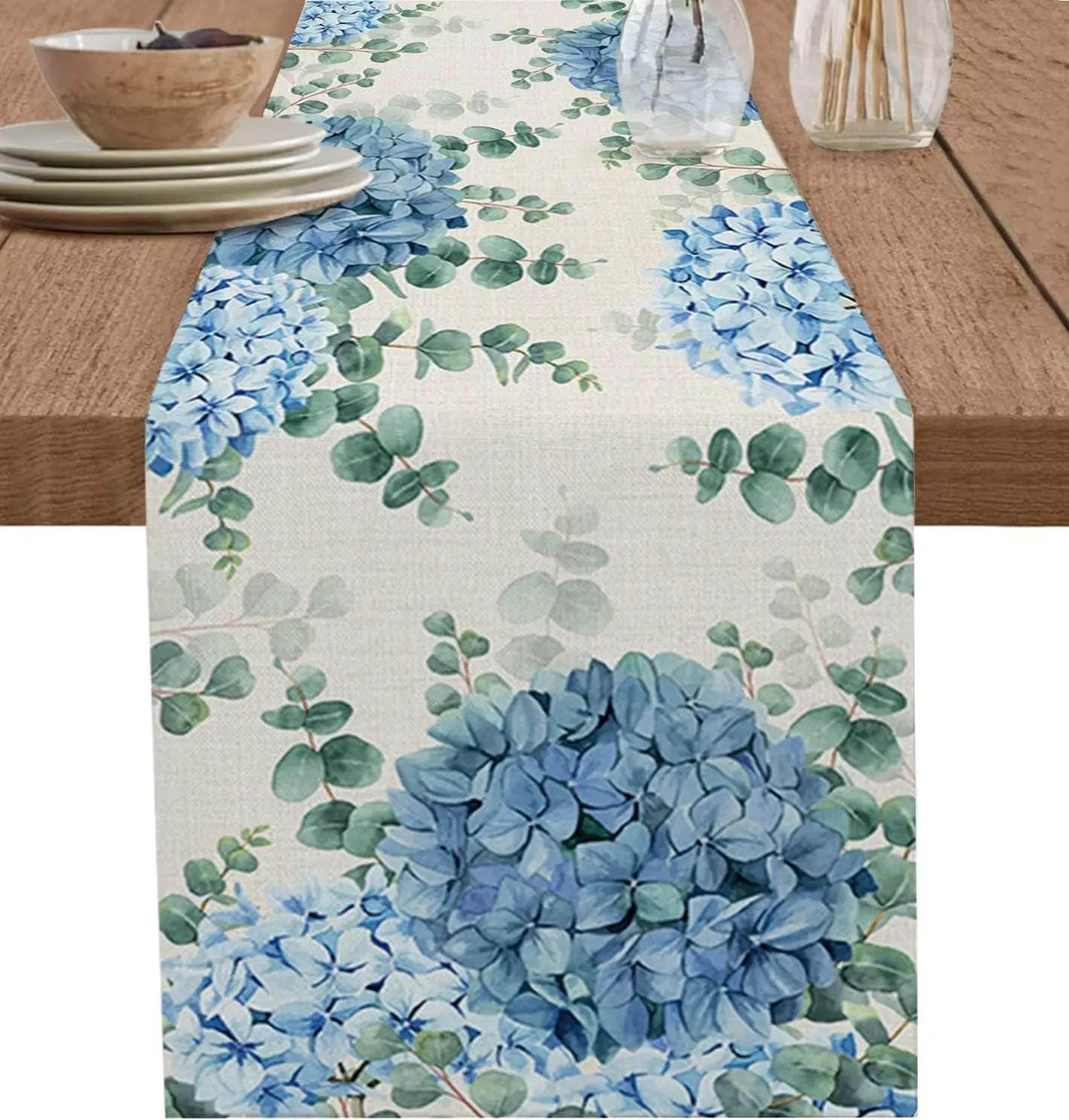 blue hydrangea linen table runner – elegant floral table runner for farmhouse table decor & dining spaces